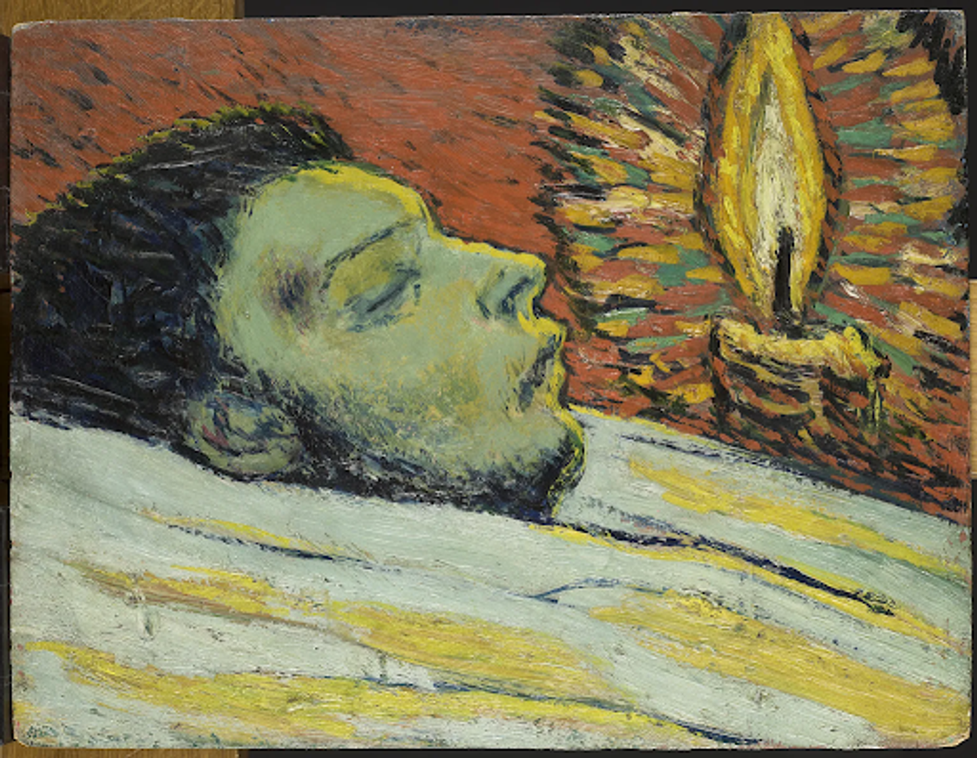 Pablo Picasso’s La Mort De Casagemas. A painting of a dead man, lying next to a burning candle.