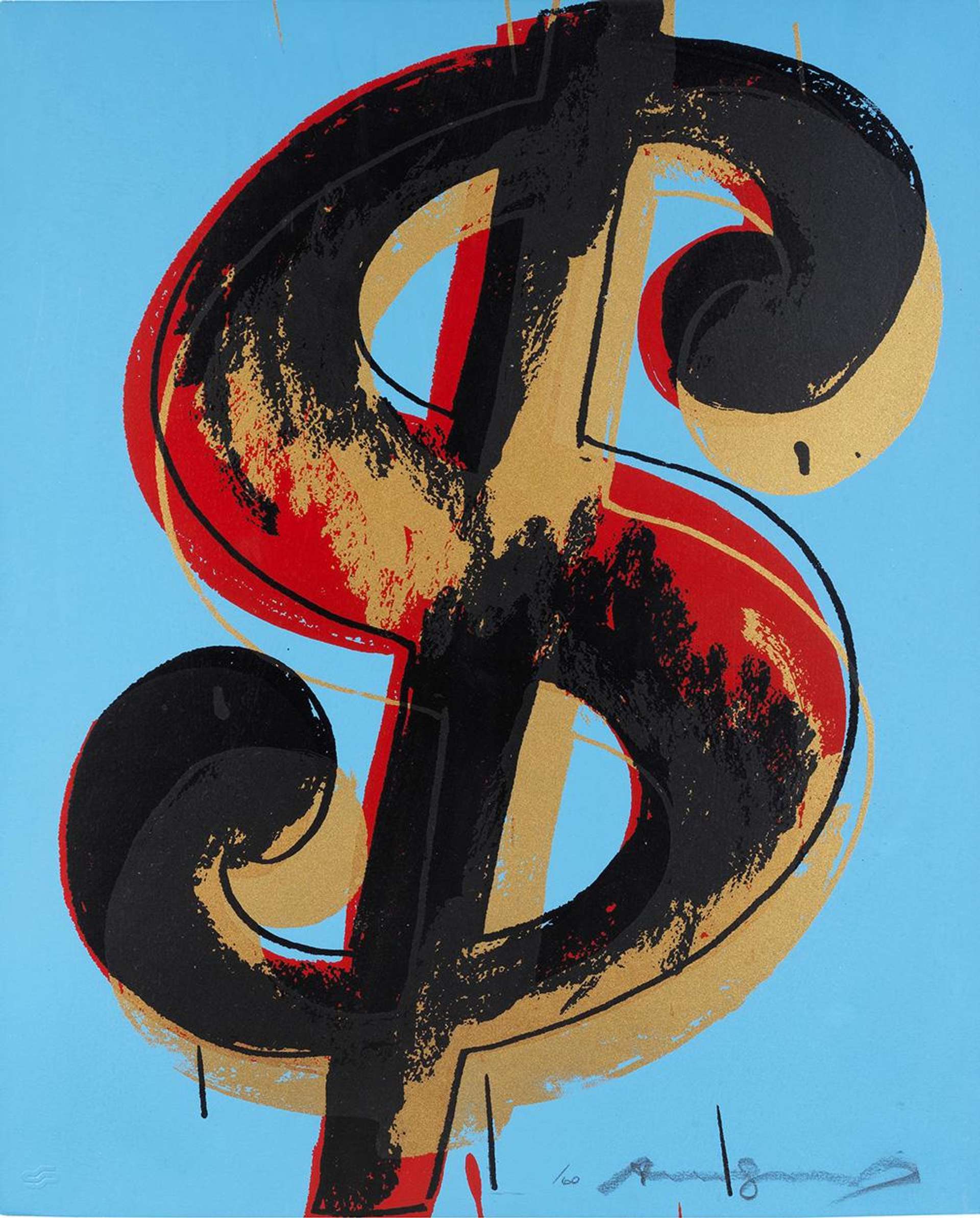 A screnprint by Andy Warhol depicting a black, yellow, and red dollar sign against a light blue background.