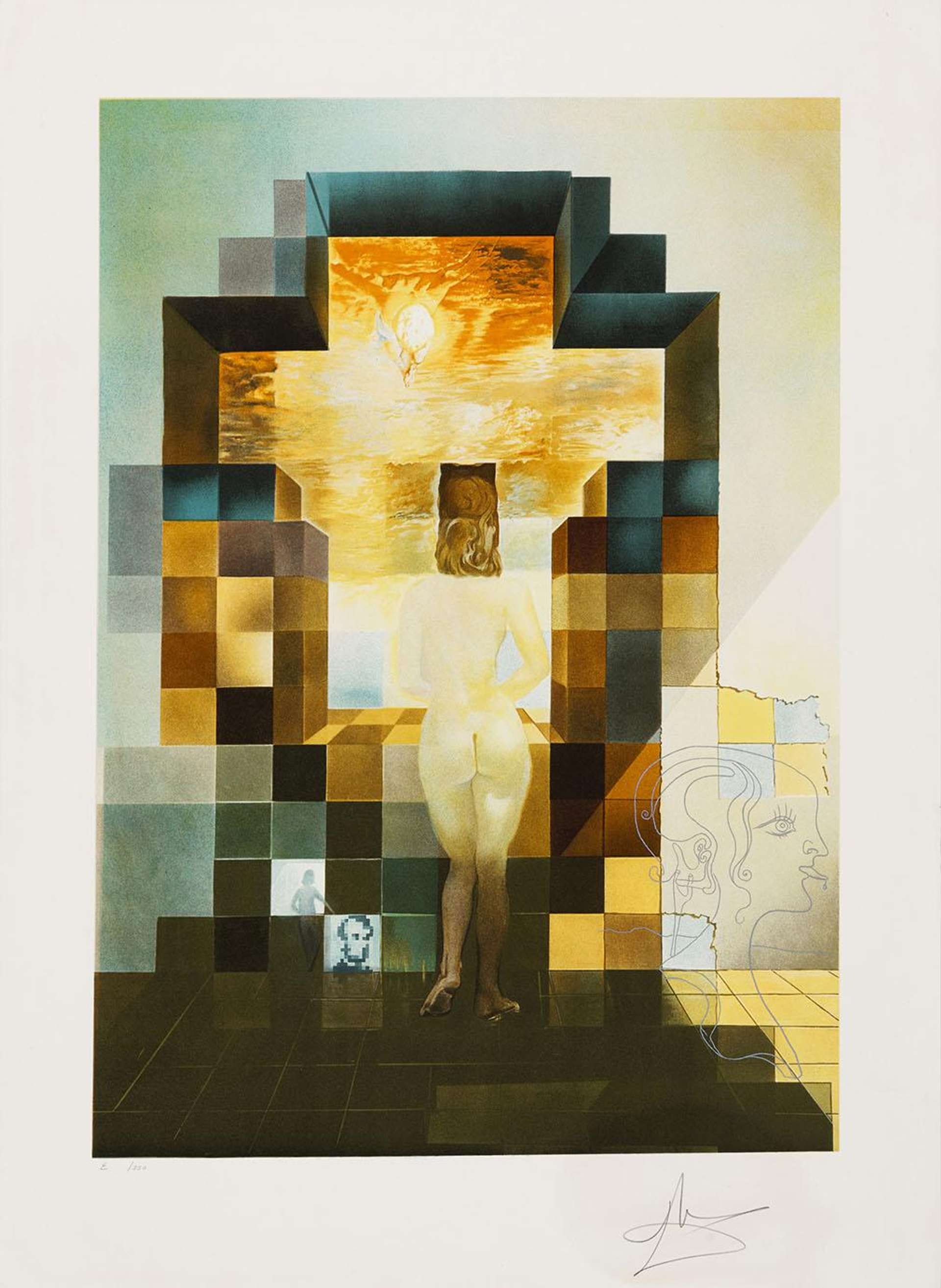 Salvador Dali’s Lincoln In Dalivision, a Surrealist style painting of a distorted image of Abraham Lincoln through a nude woman looking into a different dimension between herself and multi-colored tiles.