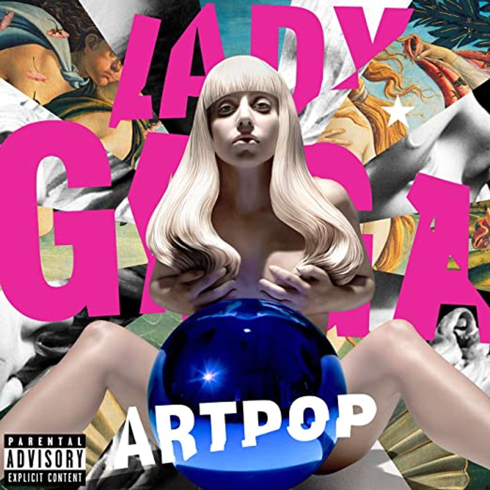 An image of the album cover for ARTPOP by Lady Gaga and designed by Jeff Koons. It has a collage-like composition, with a sculpture of Lady Gaga in the centre, surrounded by fragments of Botticelli's The Birth of Venus and other patterns.