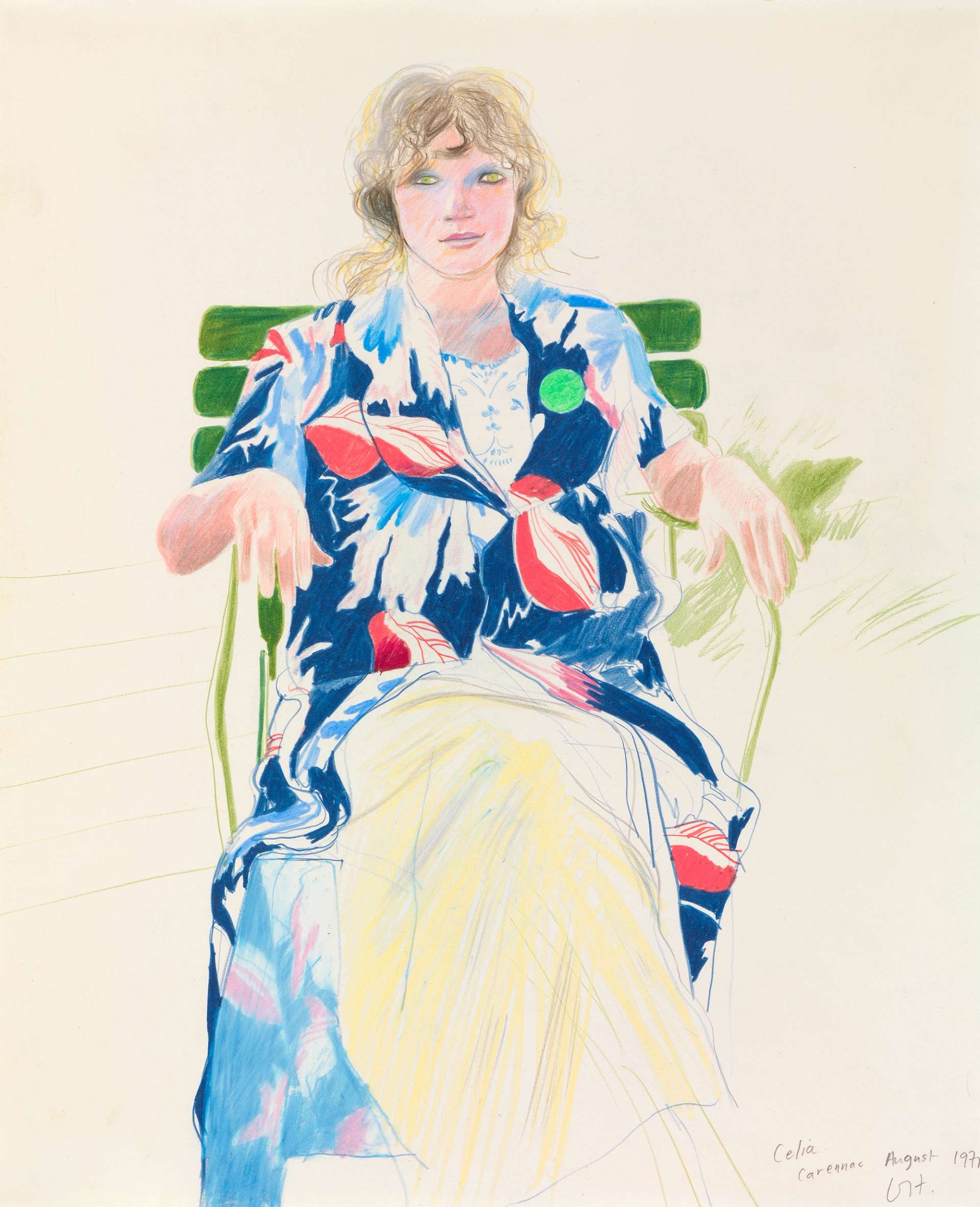 A coloured pencil portrait of textile designer Celia Birtwell by David Hockney. Celia is depicted sitting on a green chair, wearing a blue floral garment over a yellow dress, looking out directly to the viewer.