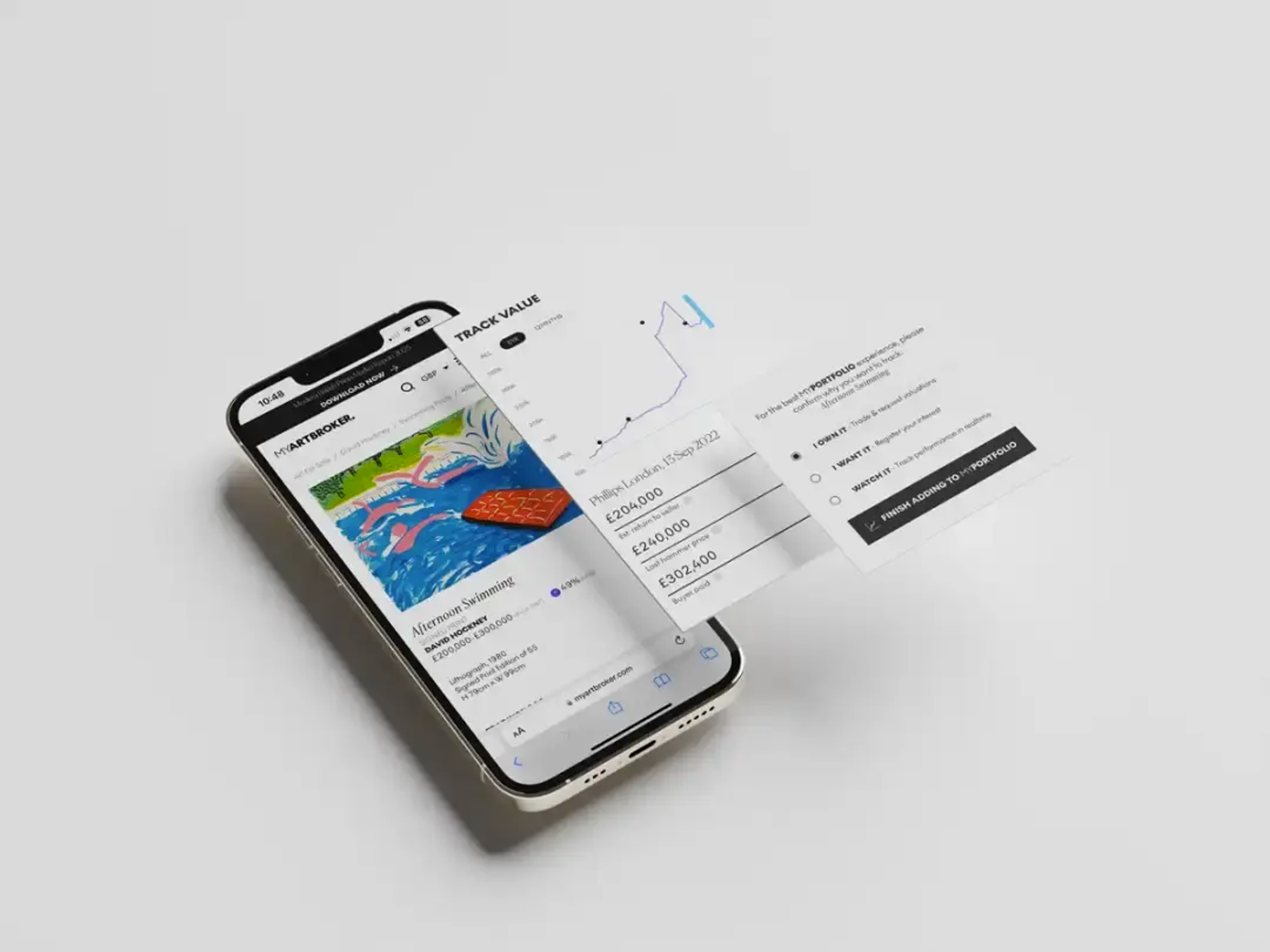 A digital rendering of a mobile phone showing the platform MyArtBroker and MyPortfolio.