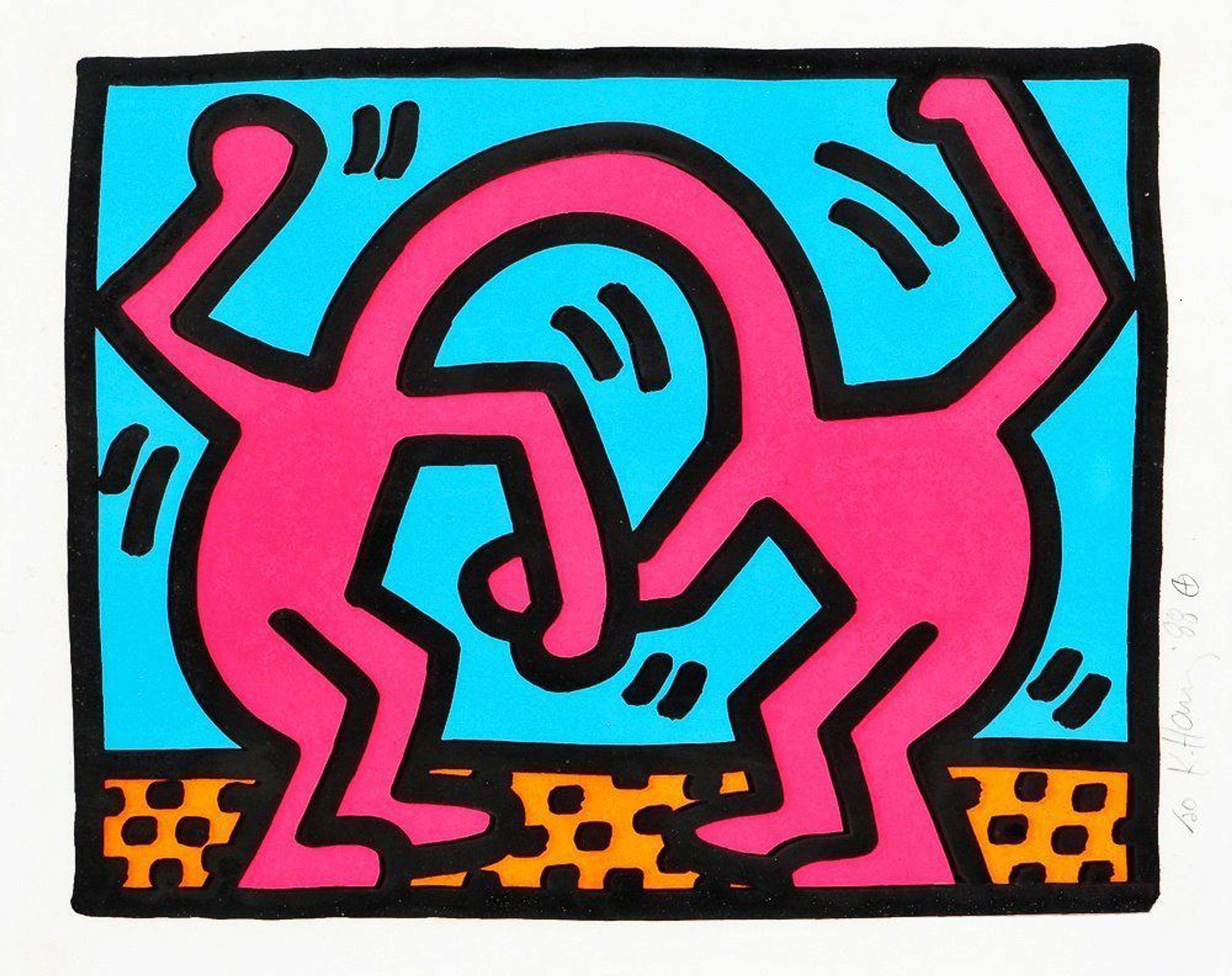 Keith Haring’s Pop Shop II, Plate IV. A Pop Art screenprint of two, pink animated characters connected at the neck, dancing with each other.Keith Haring’s Pop Shop II, Plate IV. A Pop Art screenprint of two, pink animated characters connected at the neck, dancing with each other.