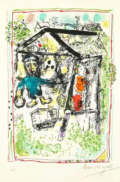 Marc Chagall: Le Peintre Devant Le Village - Signed Print
