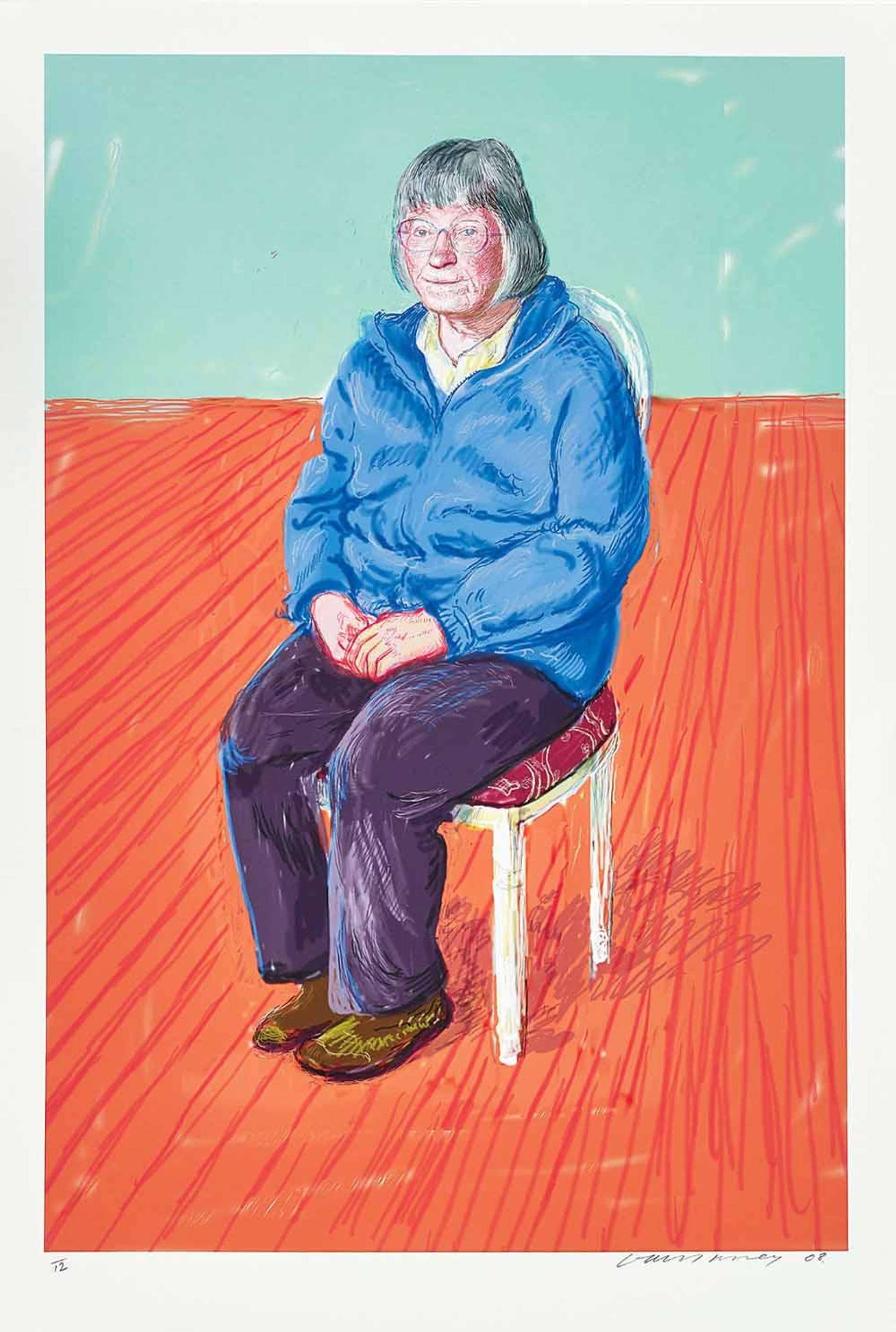 David Hockney’s Margaret Hockney. A digital print of Margaret Hockney, seated in a chair wearing a blue jacket and dark pants, in an interior setting with blue walls and hardwood floors.