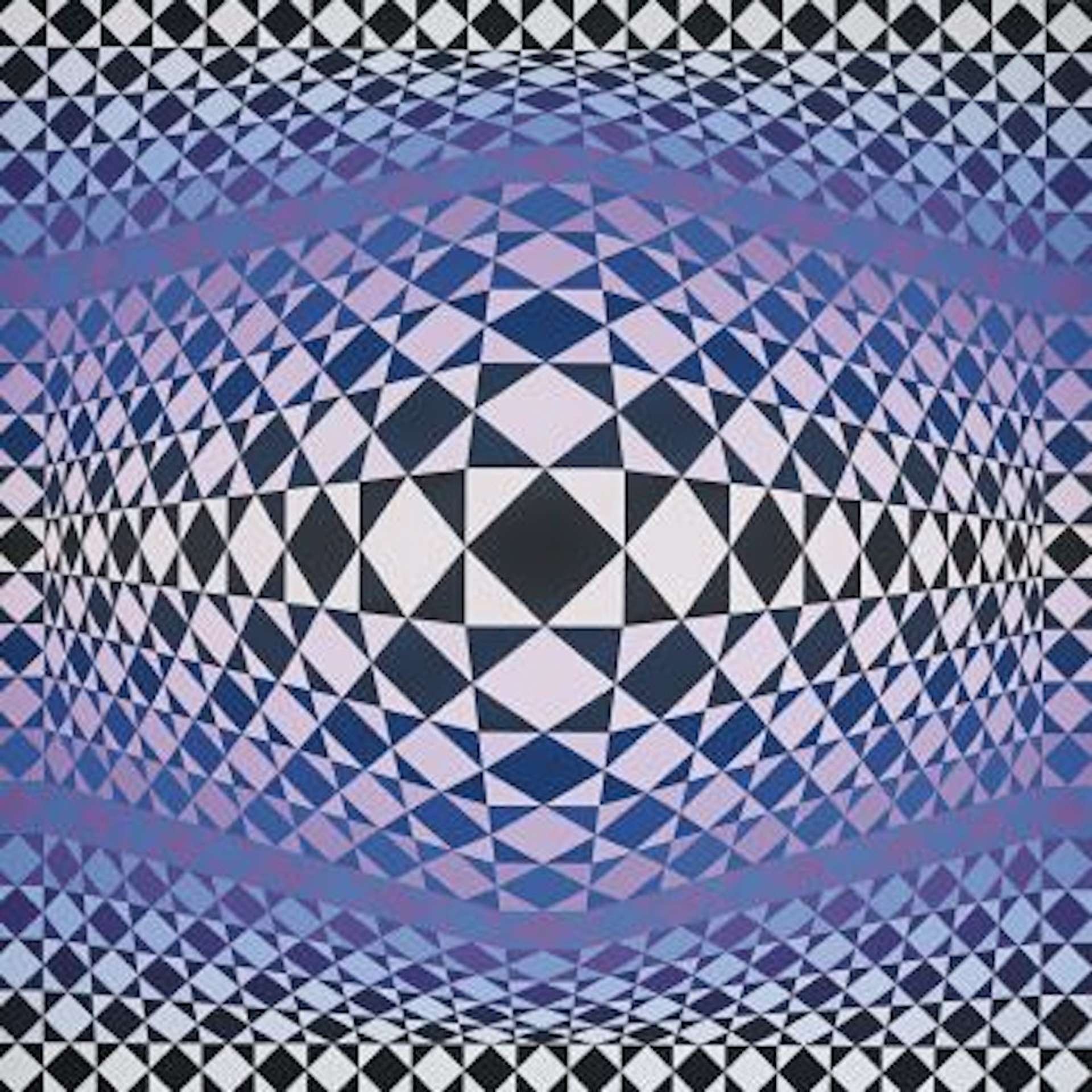 A composition of white, grey, blues, and purple hues forming a patterned optical effect. Rhombuses are carefully positioned within squares, creating a captivating visual arrangement.