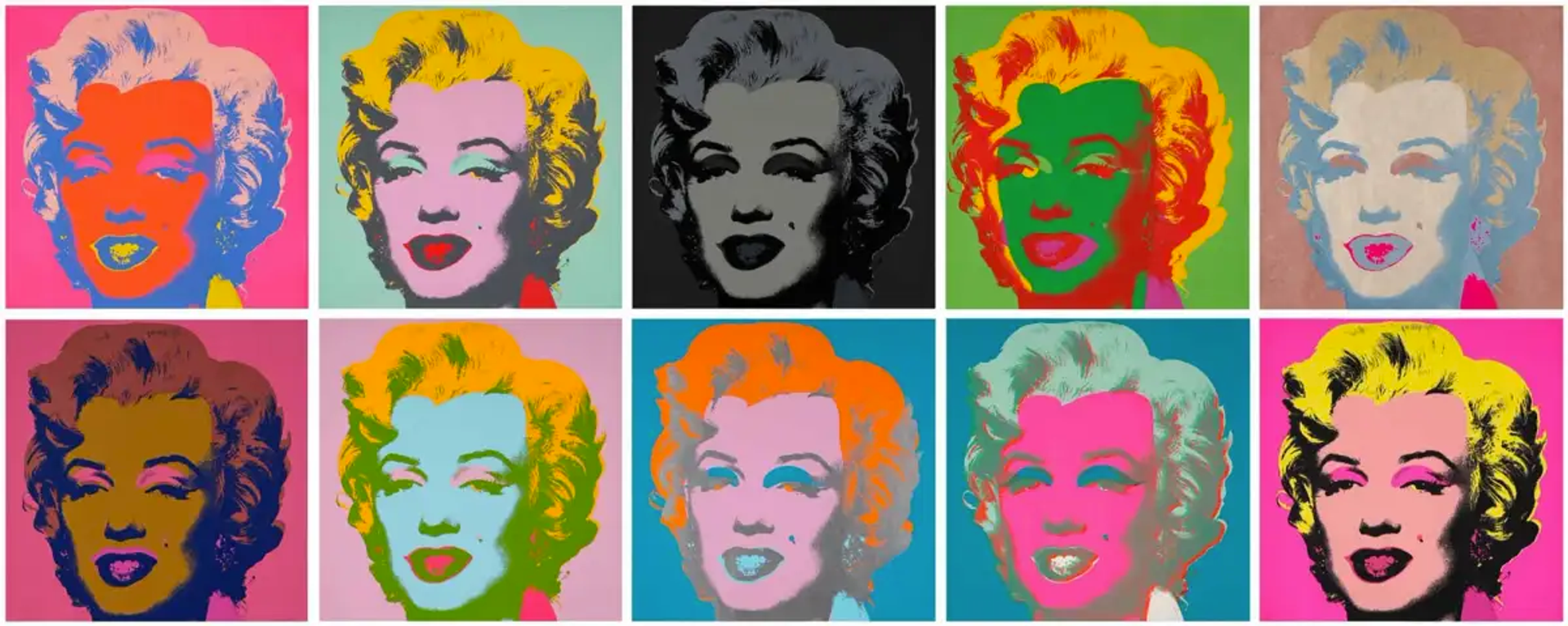 An image of the complete set of Marilyn Monroe's prints by Andy Warhol. The actress is shown gazing seductively at the viewer, and depicted in a variety of Pop Art bright colours.