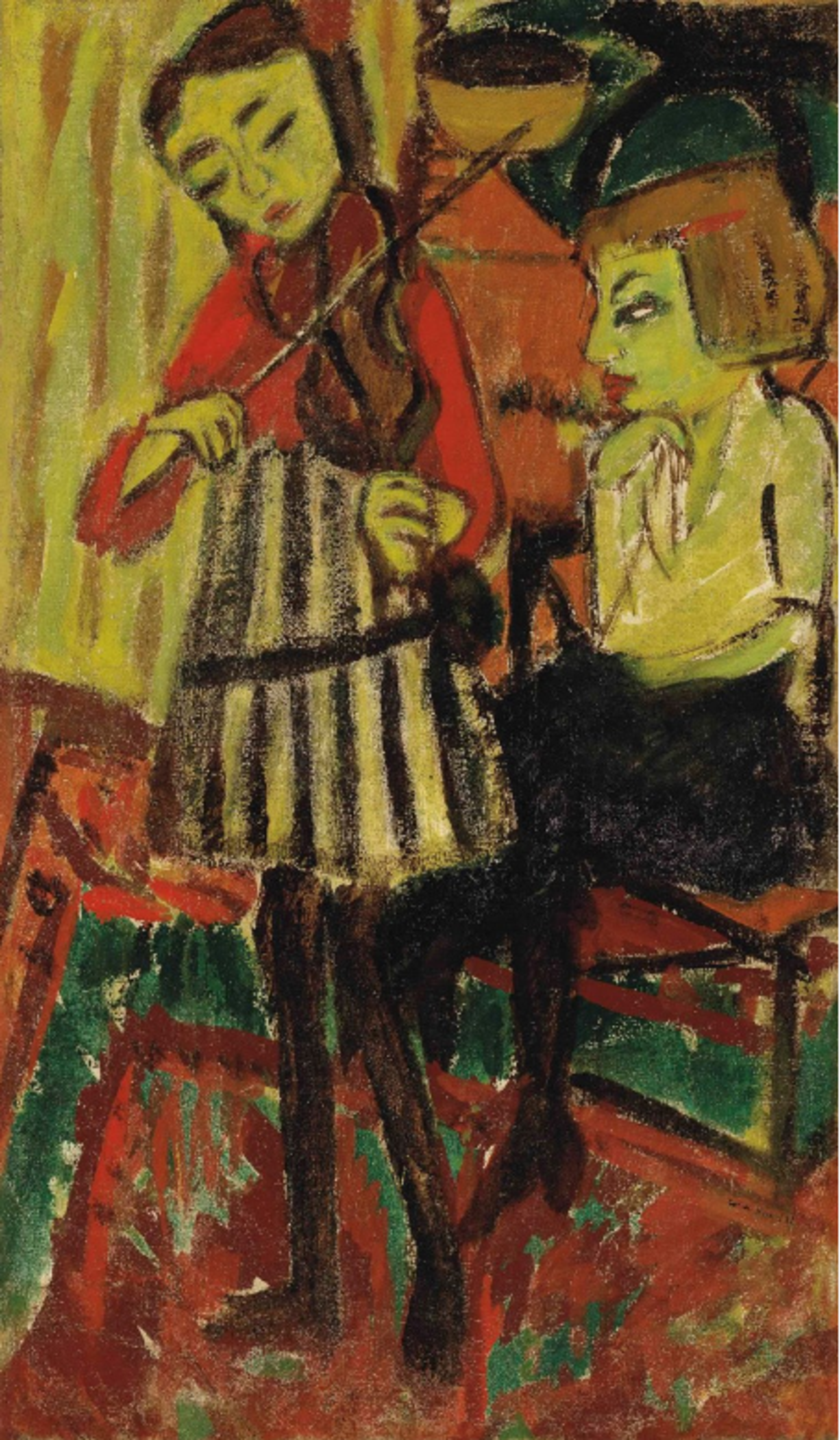 An Expressionist painting in warm tones showing two female figures inside a traditional room. One figure is standing while playing a violin, wearing a striped skirt and red blouse, and one is seated, wearing a yellow blouse and black tights, looking on. 