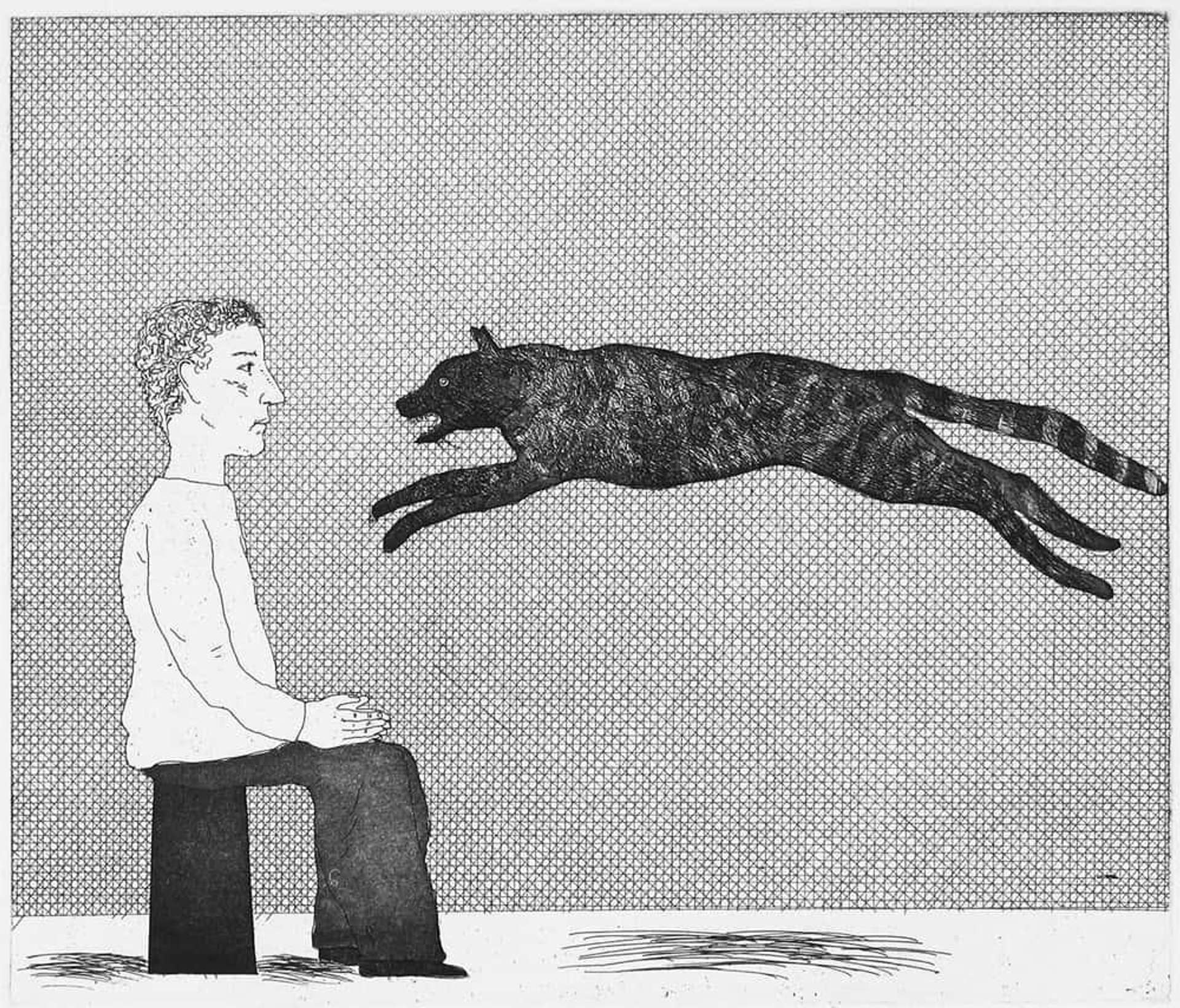 A print by David Hockney where a boy sits in profile, his hands calmly placed together as if in a gesture of welcome, while a wild black cat springs towards him. The background is cross hatched, the pair’s shadows scribbled in.