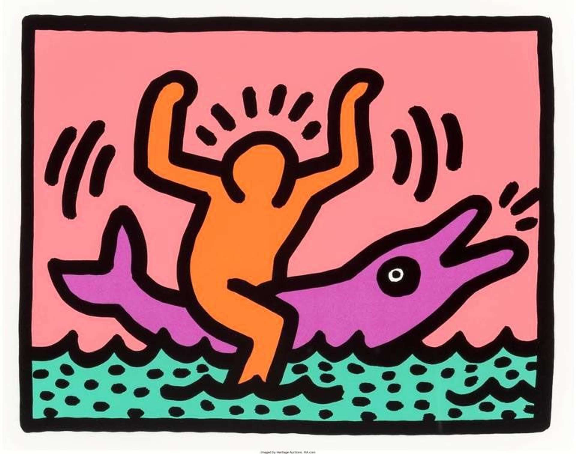Keith Haring’s Pop Shop V, Plate II. A Pop Art screenprint of an orange character riding a pink dolphin against a pink background. 