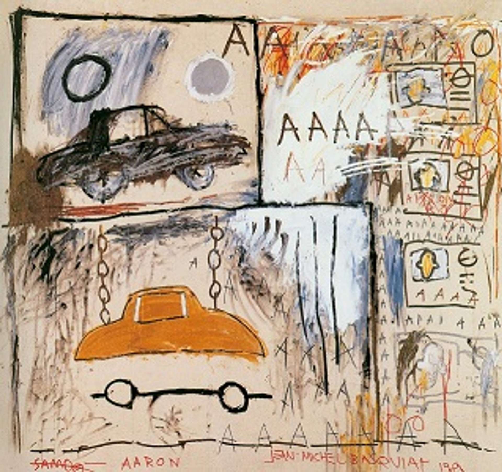 An image of the artwork Cadillac Moon by Basquiat. It shows two cars, boxed in, alongside Basquiat’s signature scribbles. The letter A features extensively throughout the artwork.