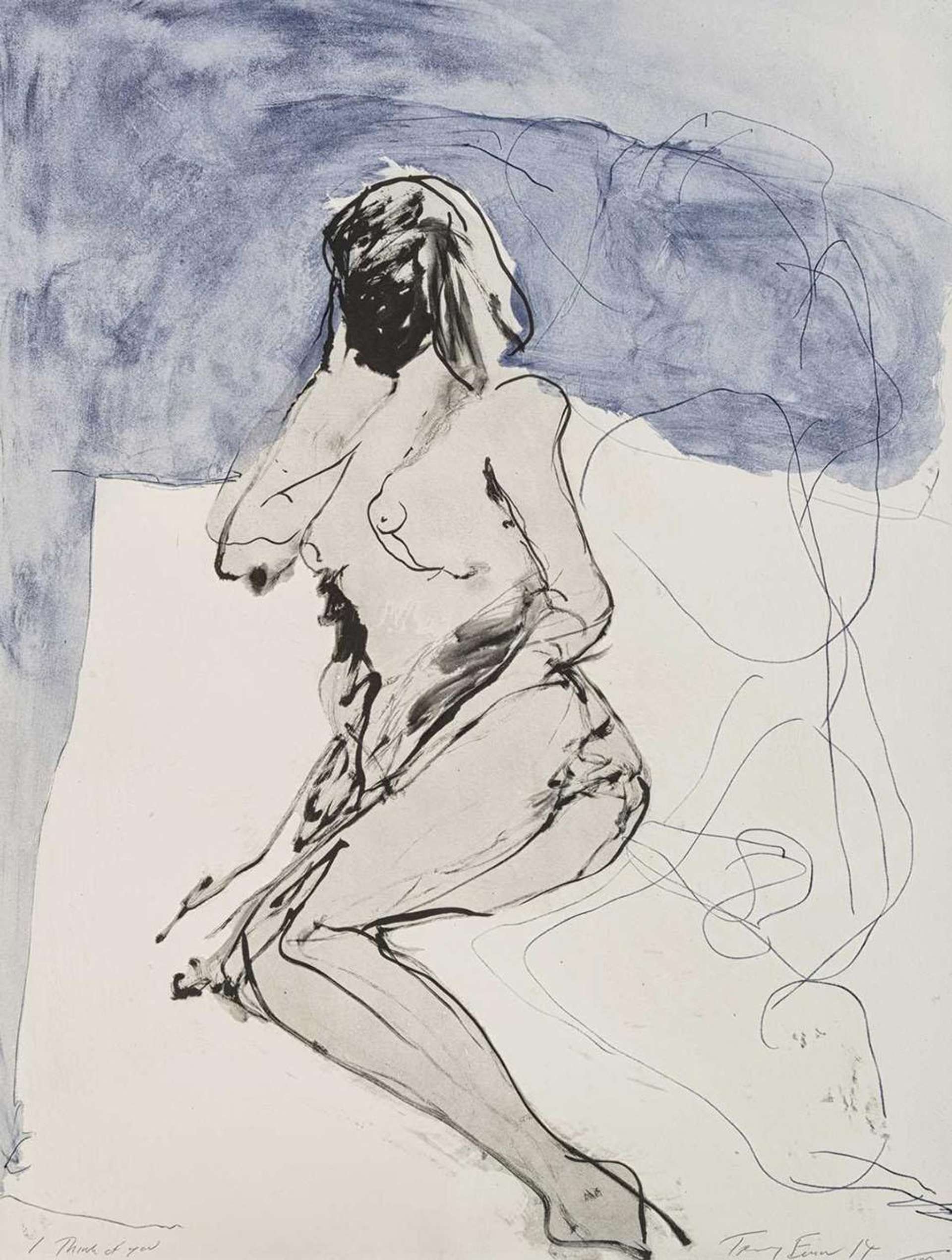 Tracey Emin’s I Think Of You. A lithograph of a drawing of a side profile view of a nude woman lying down on a surface against a blue background.