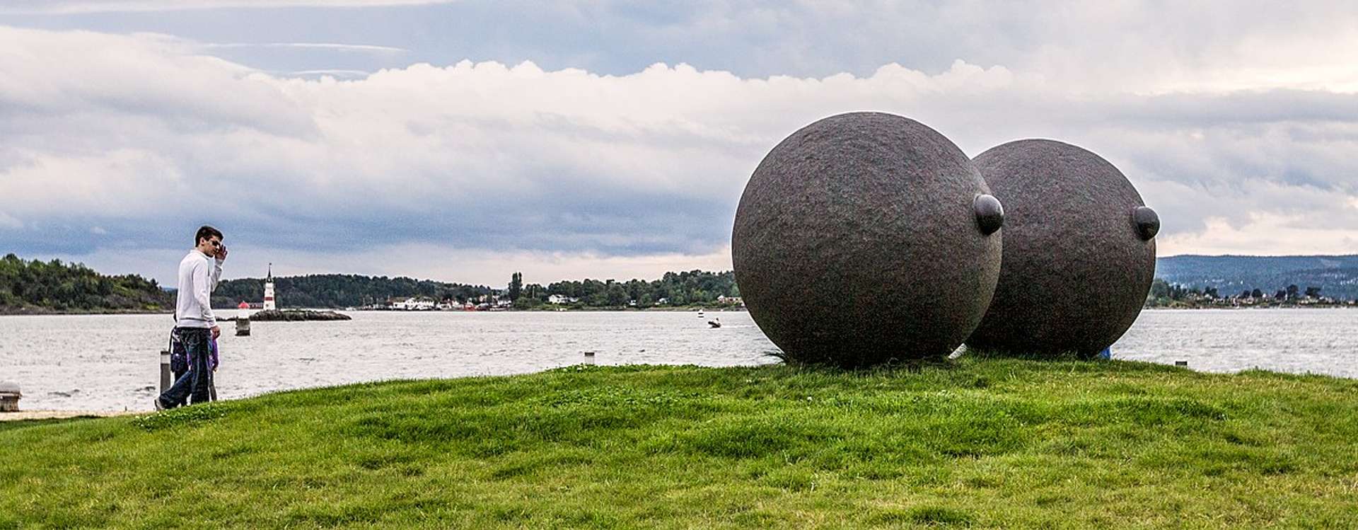 A photograph of Louise Bourgeois’ Eyes sculpture. The sculpture is installed on grass, with the sea in the background (Tjuvholmen Sculpture Park, Oslo). It is comprised of two large, breast like spheres. 