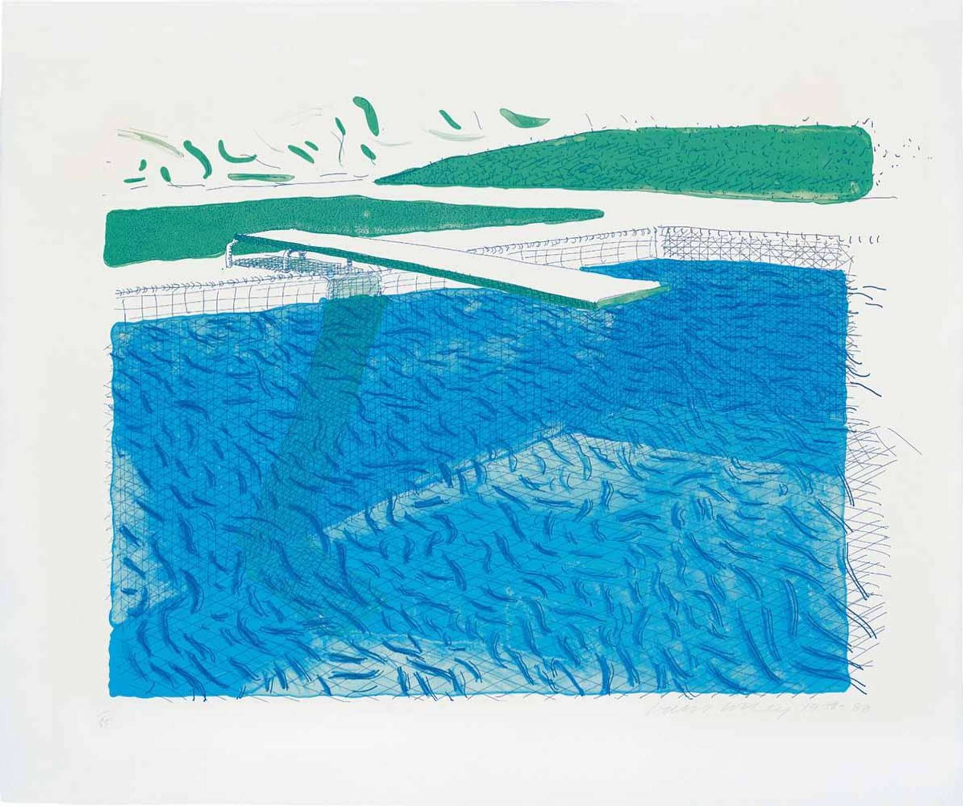 A swimming pool delineated with blue and green mark making. A spring board reaches towards the centre of the composition from the left.