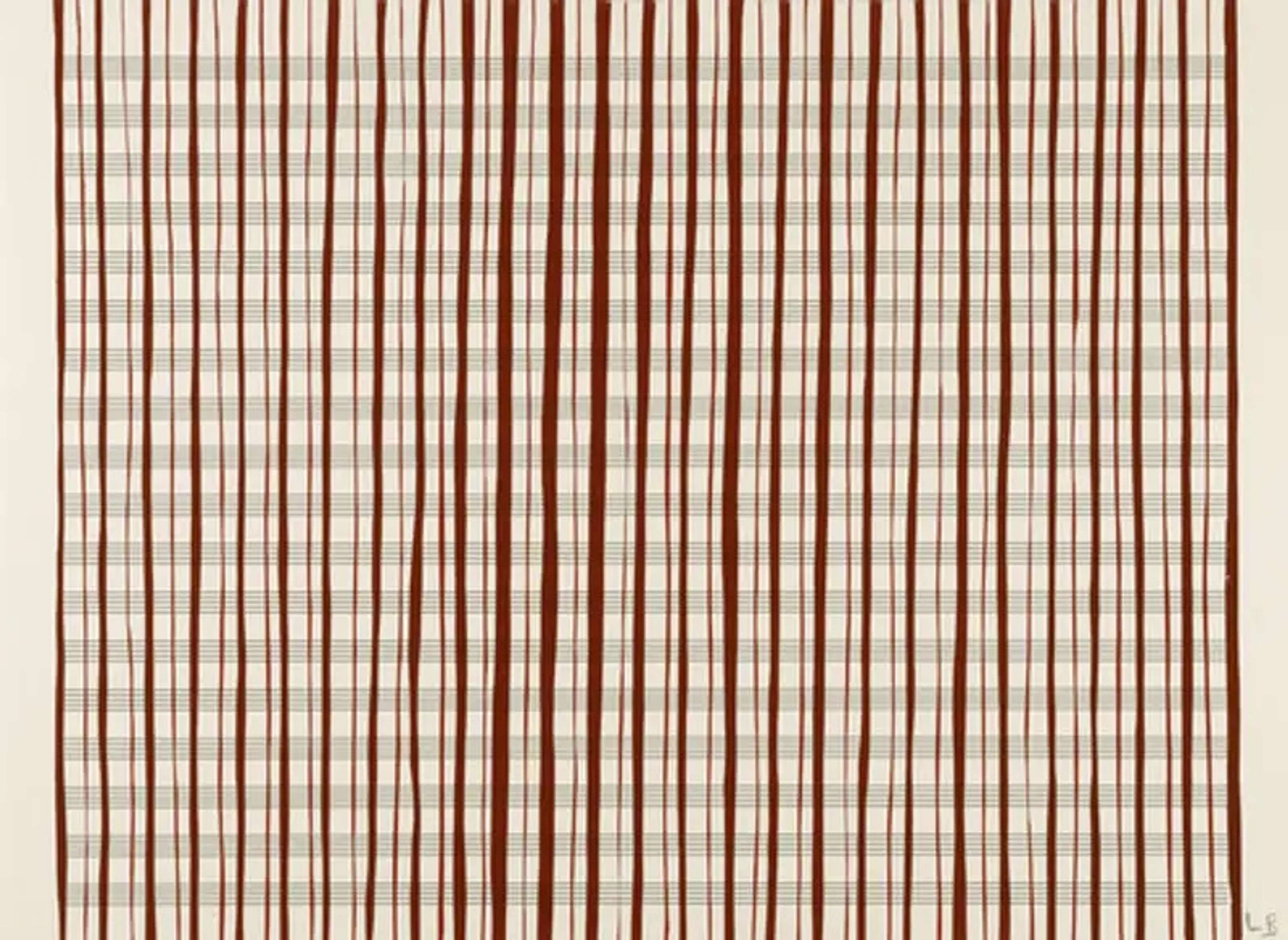 Louise Bourgeois’ Untitled #3. A screenprint of red vertical lines against a sheet of horizontal lines.