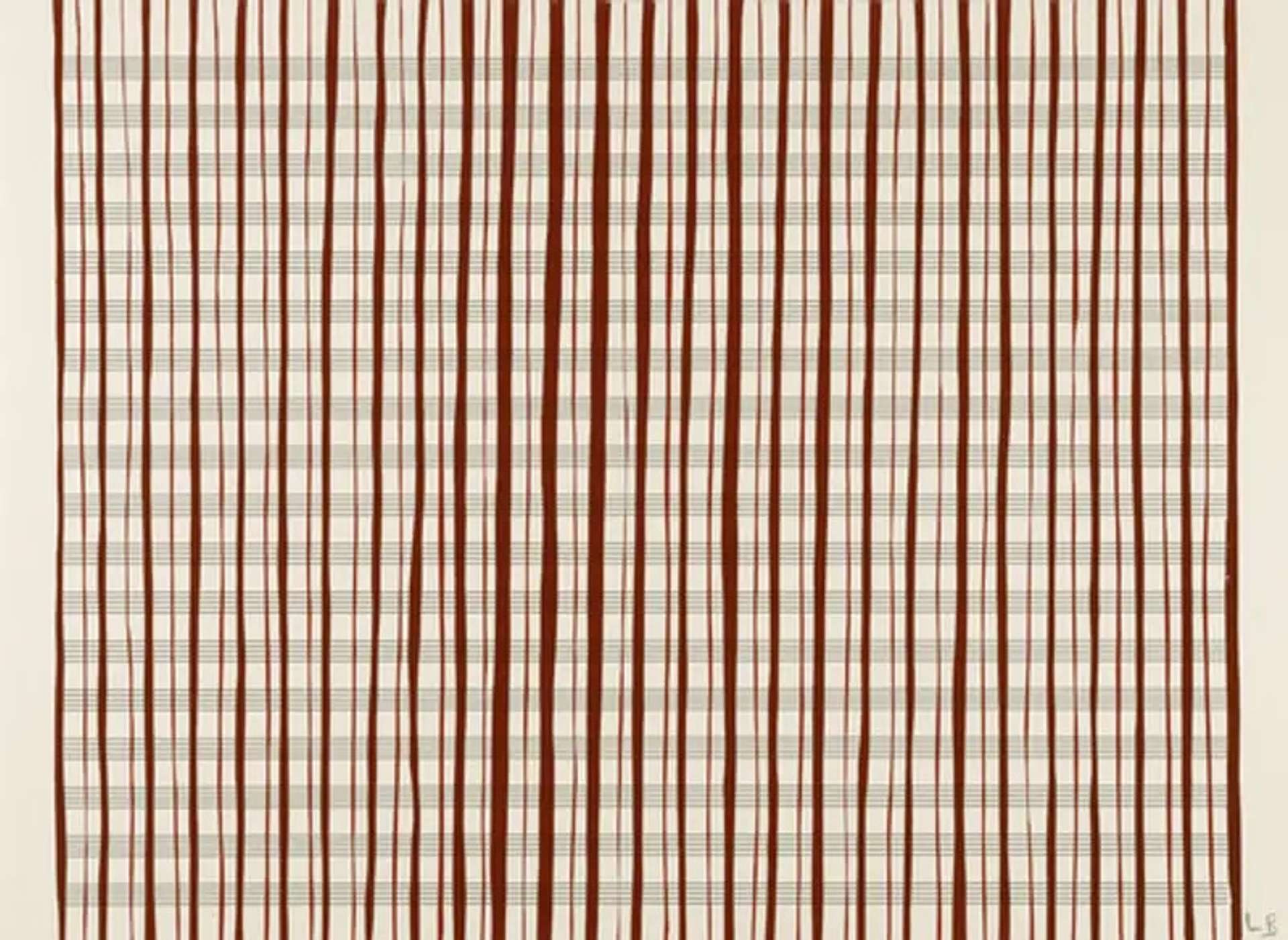 Louise Bourgeois’ Untitled #3. A screenprint of red vertical lines against a sheet of horizontal lines.