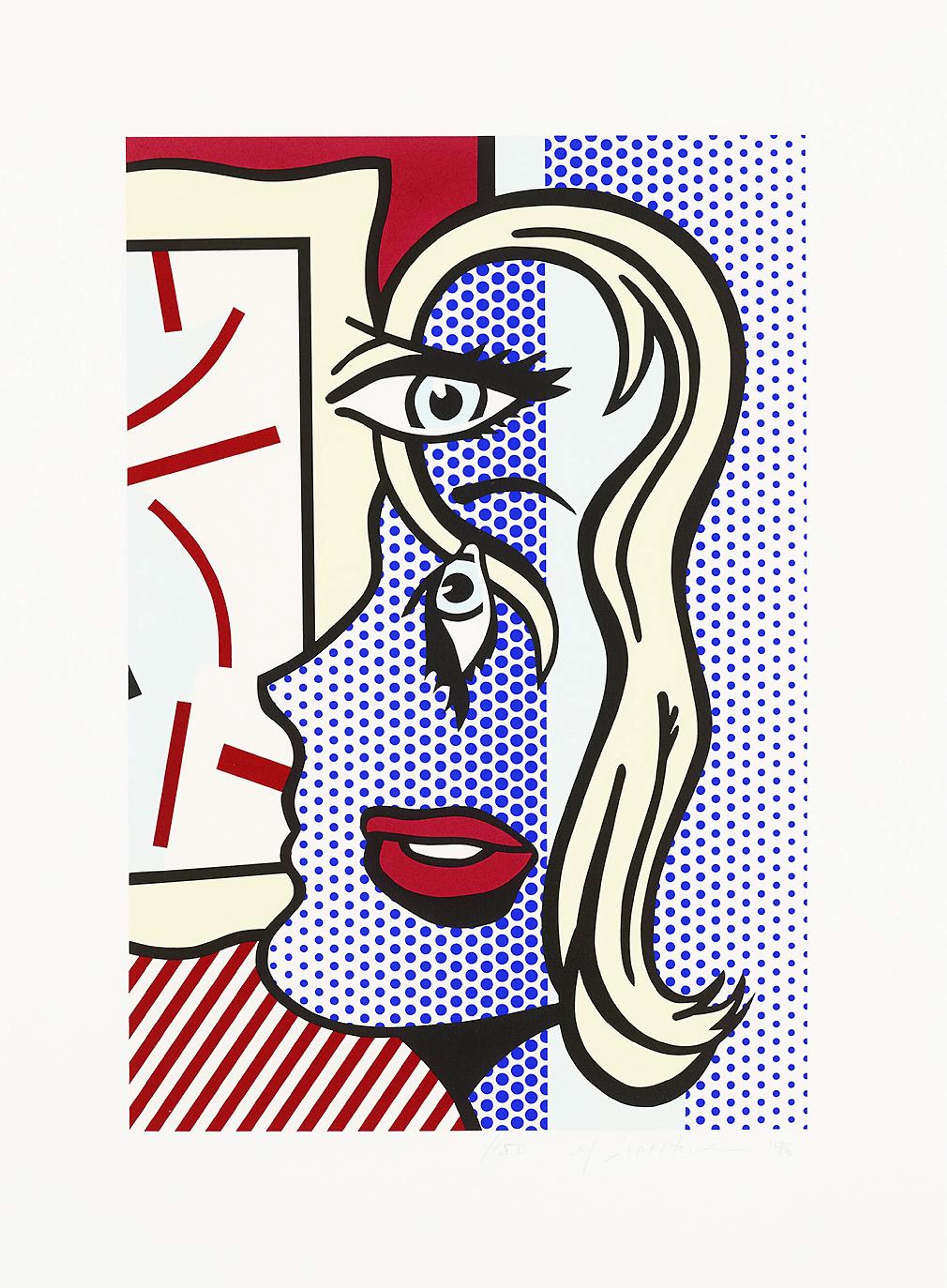 Roy Lichtenstein’s Art Critic. A Pop Art screenprint of a comic strip of a Cubist portrayal of a woman comprised of blue Ben-day dots against a red and white background.