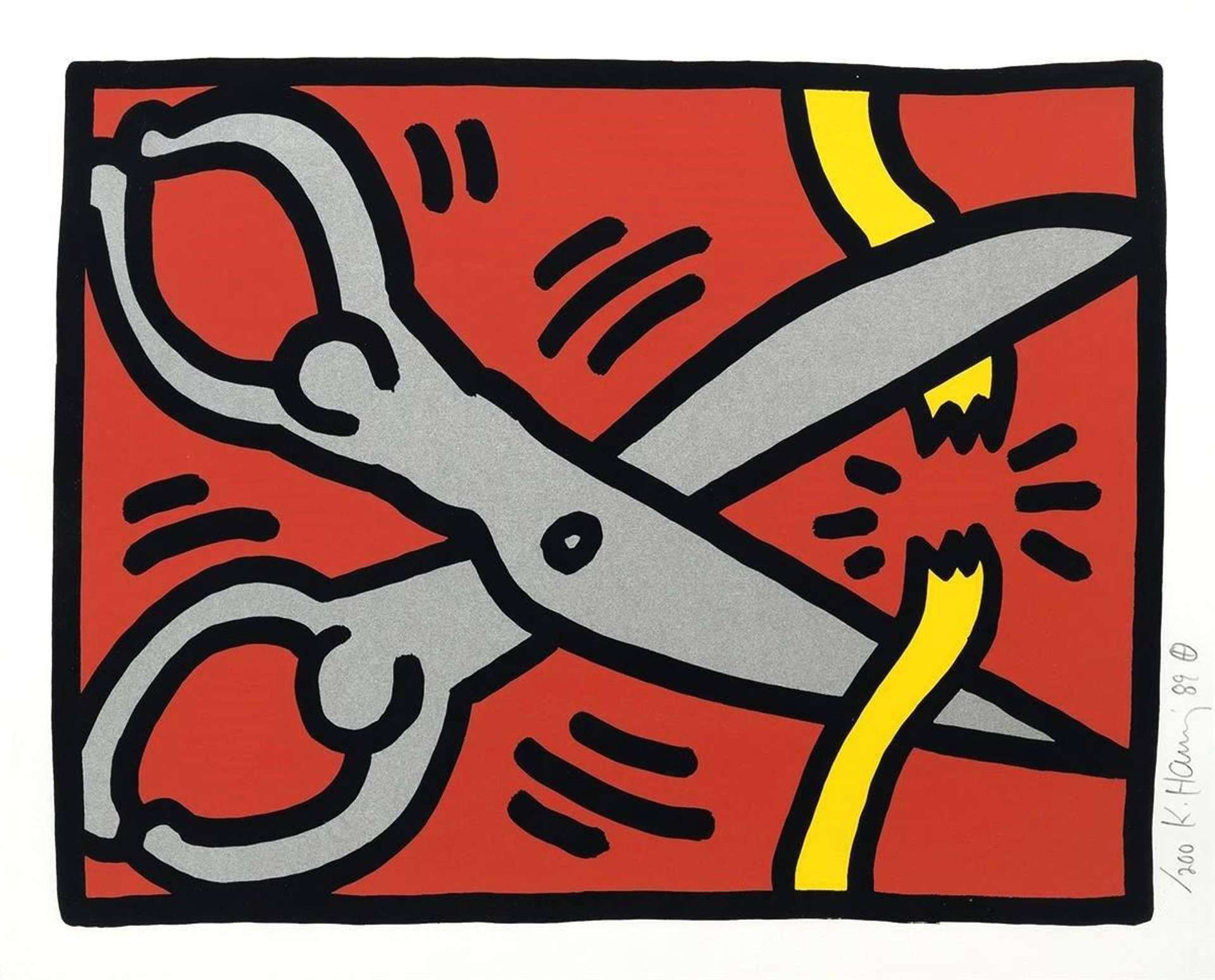 Keith Haring’s Pop Shop III, Plate III. A Pop Art screenprint of a pair of grey scissors, cutting a yellow string, with the top part of the scissors resembling two animated characters with their arms crossed over their heads. 