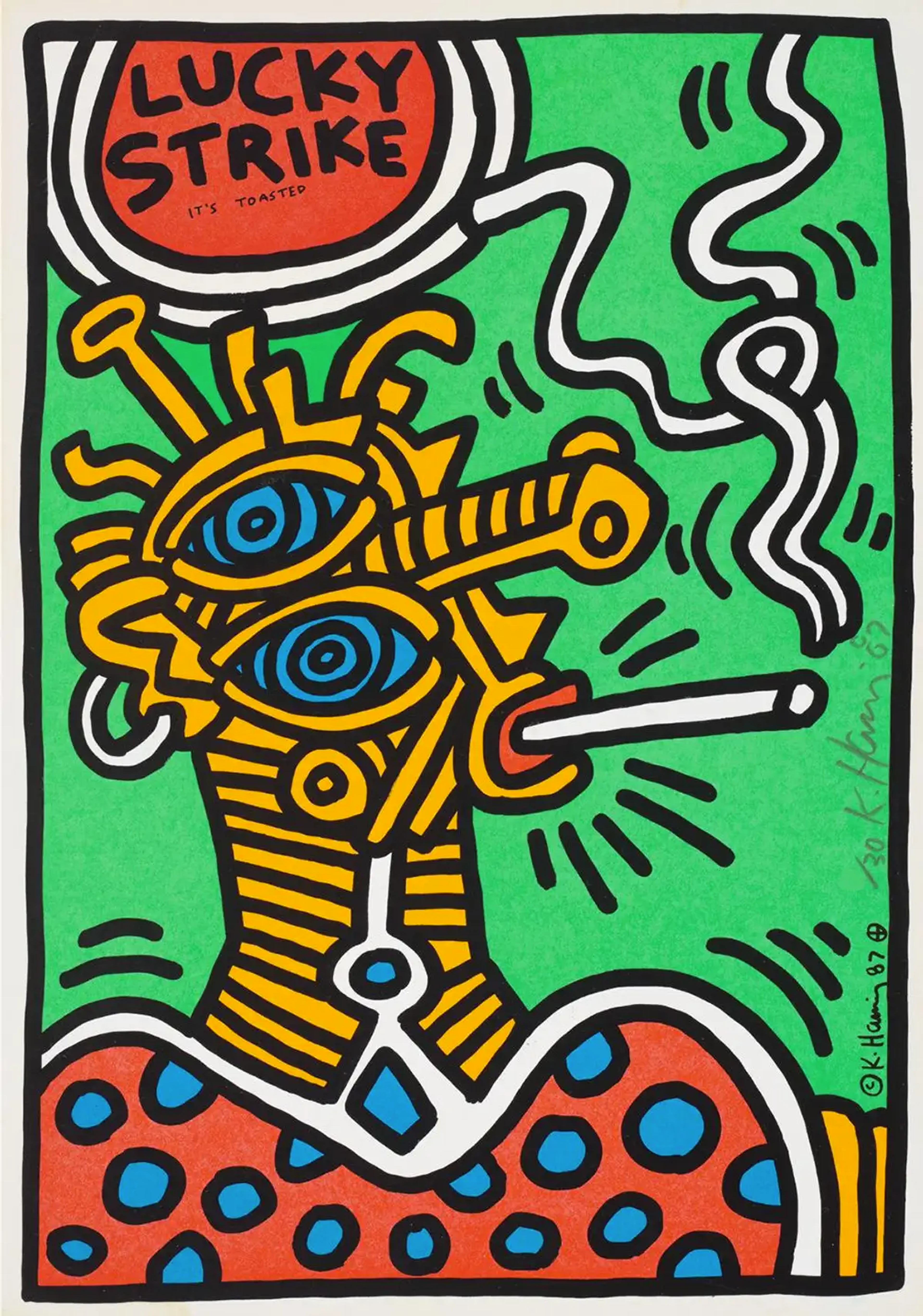 An abstract-like figure, depicted in bold lines and shown in yellow, is seen smoking a cigarette against a green background. The Lucky Strike logo is in the top right corner.