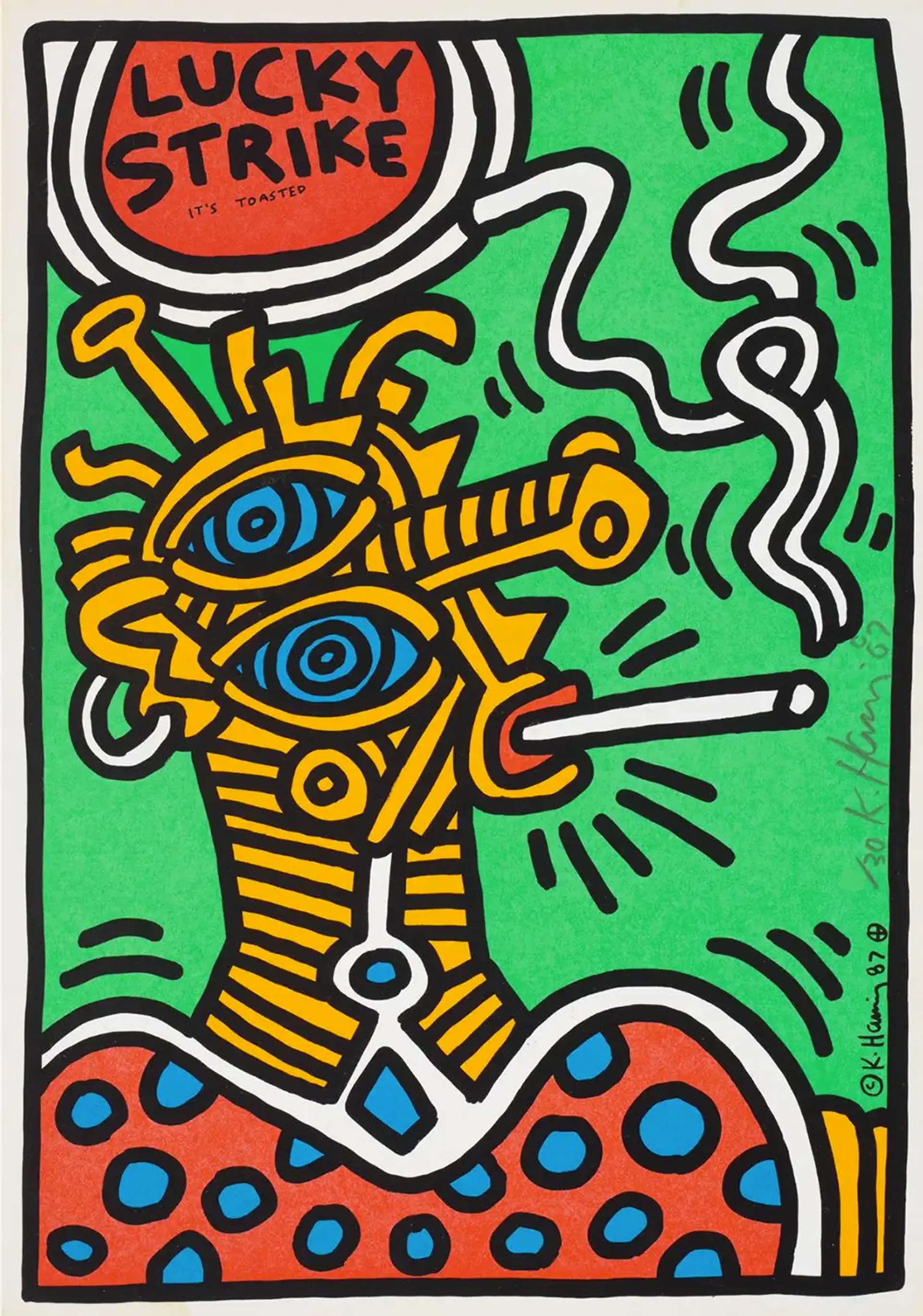 An abstract-like figure, depicted in bold lines and shown in yellow, is seen smoking a cigarette against a green background. The Lucky Strike logo is in the top right corner.