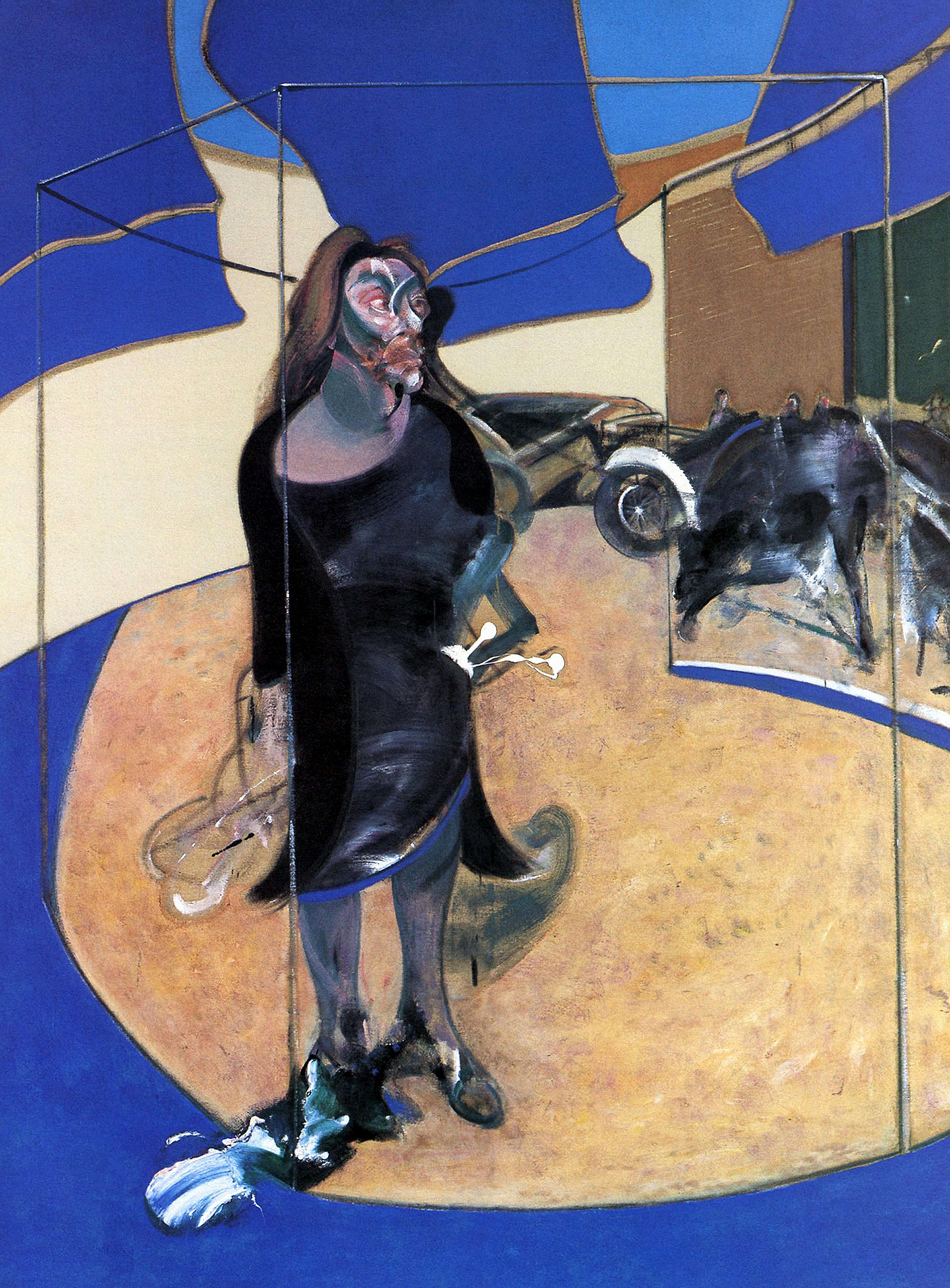 Abstract woman in a black gown standing in a distorted, abstract setting