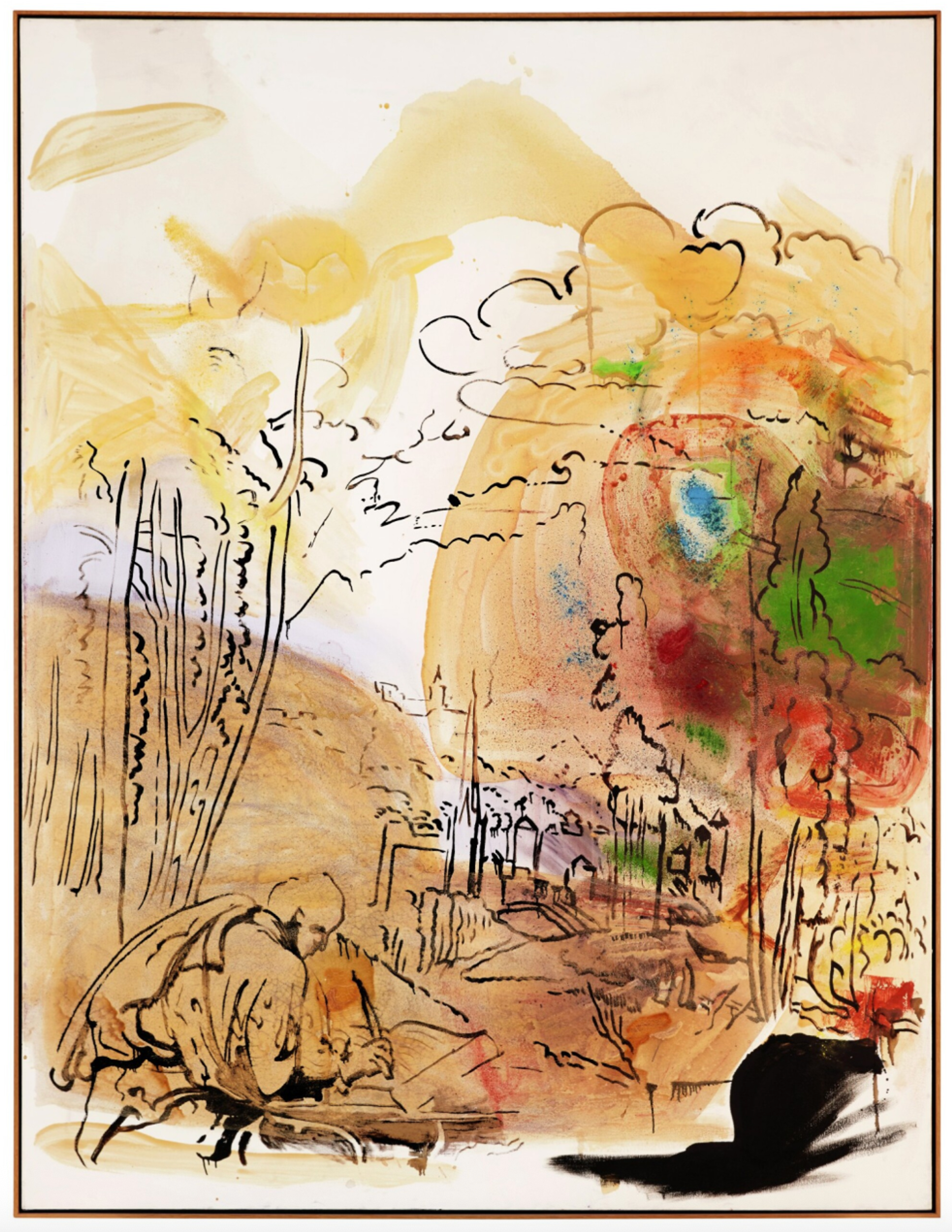 A hunched figure, sketched in loose black lines in the lower left corner of the canvas, copies a fragmented landscape. Translucent amber and cobalt washes overlay the rough black outlines of a landscape with tall trees and a town in the distance. Splashes of green and deep red add texture to the leaves of the trees.