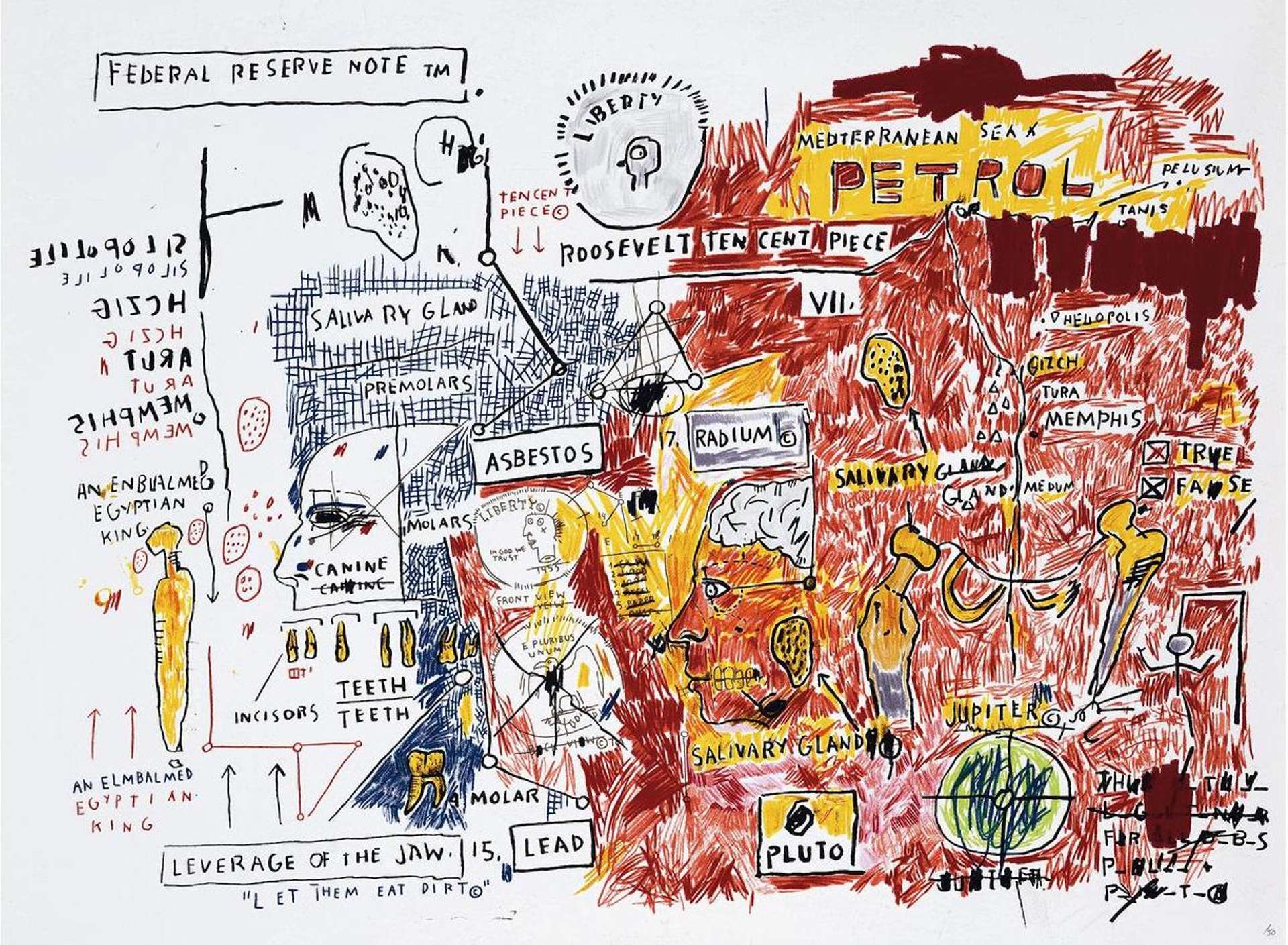 An image of the artwork Liberty by Jean-Michel Basquiat. It shows several motifs including coins and petrol. The right side of the painting is depicted in reds and yellows, and features Basquiat's signature scribbled words including "Asbestos" and "Radium".