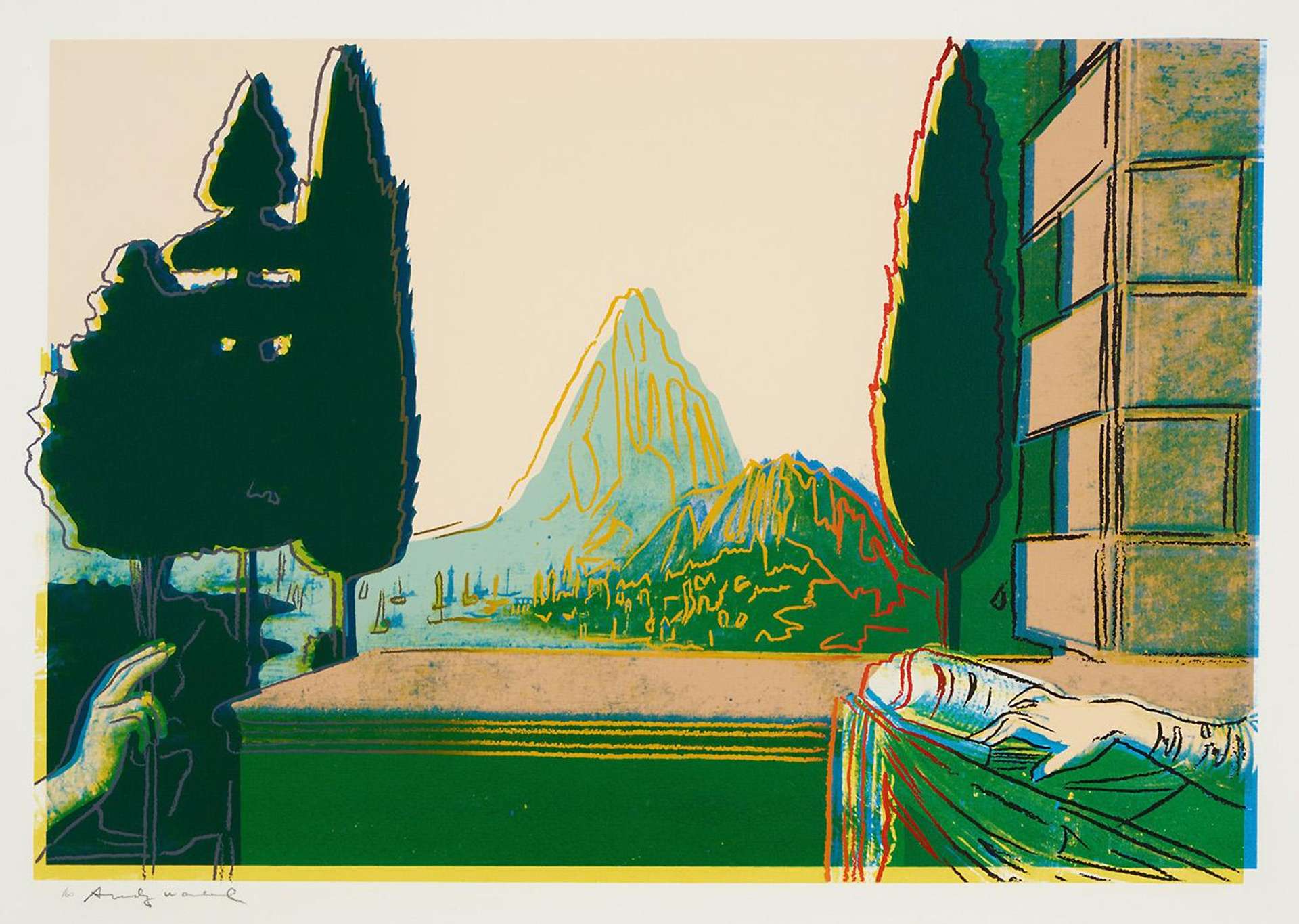This image by Warhol closely crops Leonardo Da Vinci's Annunciation and focuses solely on the landscape on the background. It shows a steep mountain in the centre of the composition, with cypress trees on either side. In this instance, the colour palette is composed of greens and yellows.