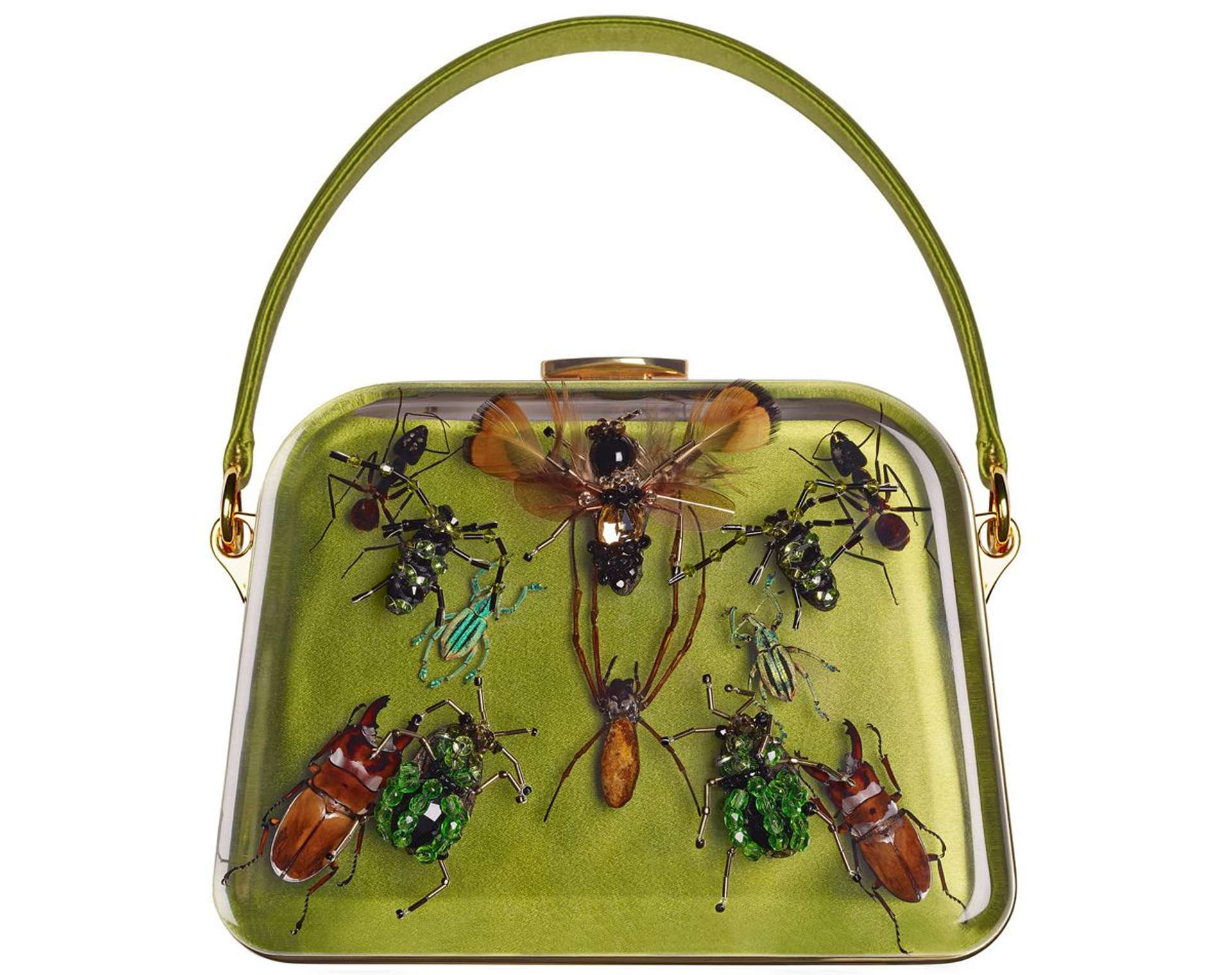 An image of a green satin bag, with embroidered insects including ants, beetles, bees and spiders. The bag was designed by Damien Hirst for Prada.