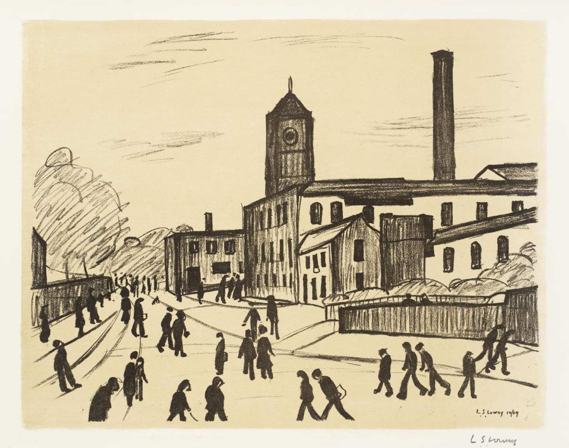 A Northern Town shows a view looking down the street of a small town with many stylised figures dotted throughout the centre of the composition. This is a lithograph of a drawing by Lowry, rendered in black line against the cream paper.
