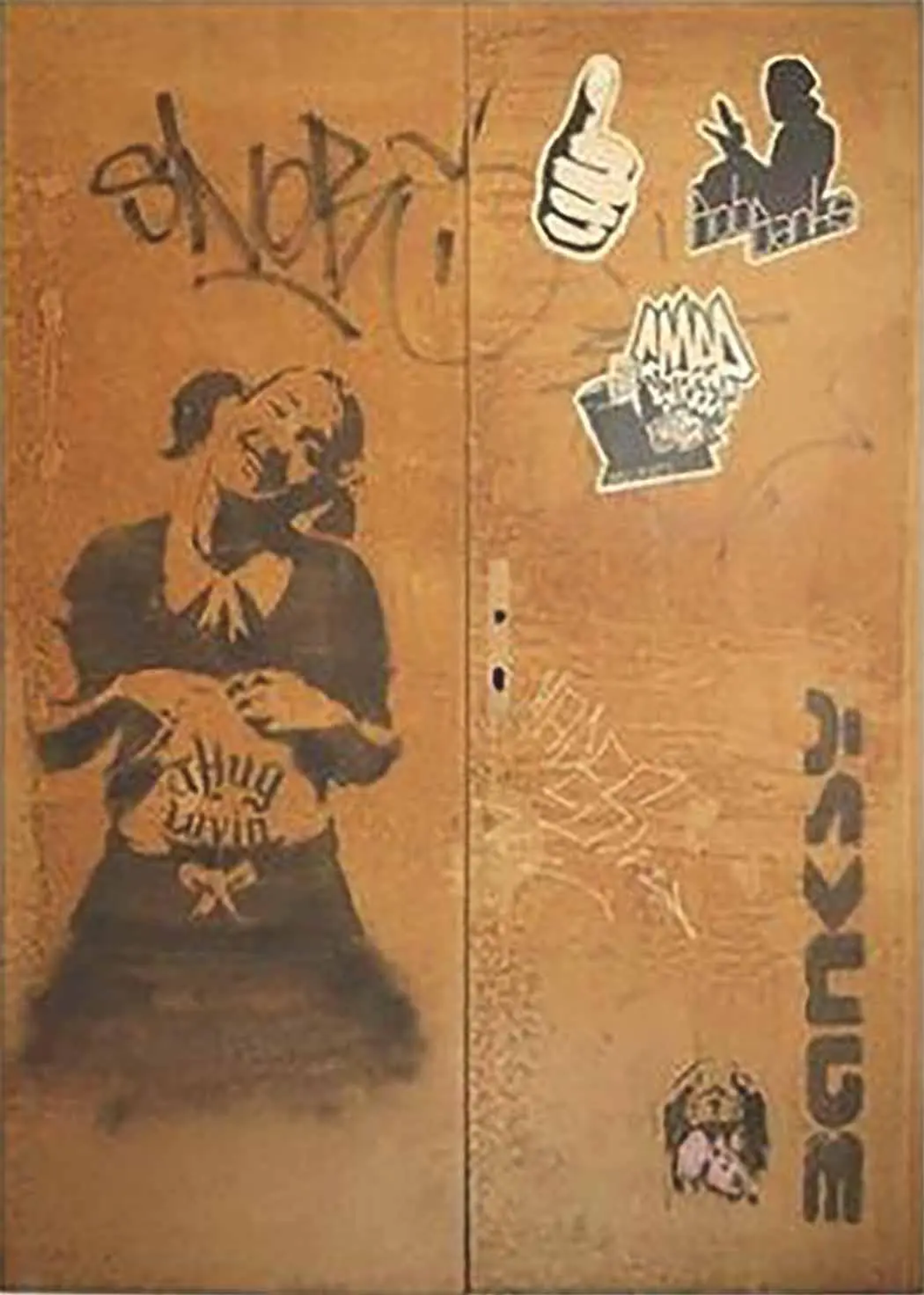 This artwork features a young girl with ponytails who seems to smile at the viewer as she exposes her belly tattoo consisting of the words ‘Thug Lovin’. The girl wears an elegant collared shirt and mini-skirt which, combined with her childlike hairstyle, clash with the world of lawlessness and violence the tattoo hints at.