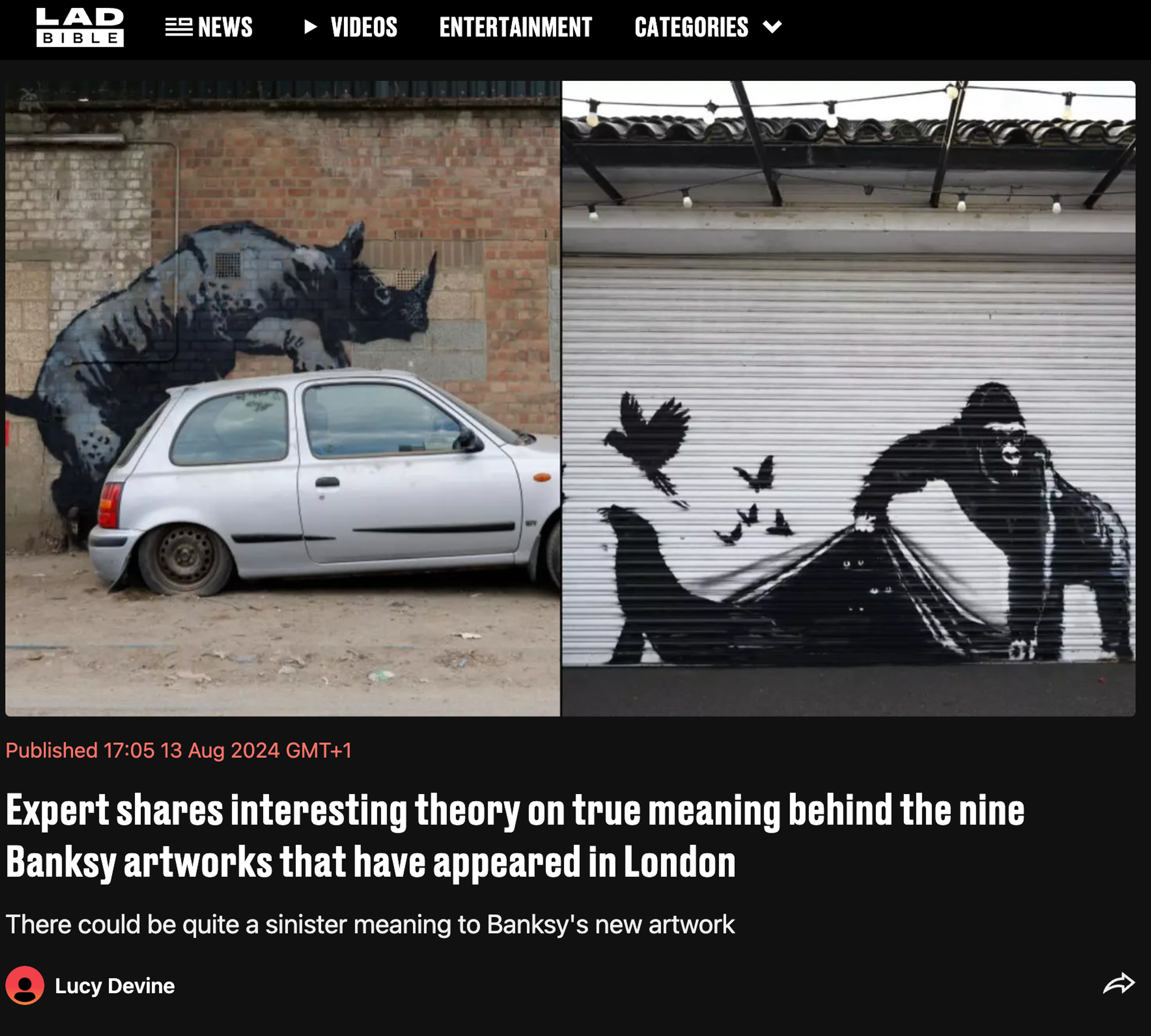 A screenshot from an article on LAD Bible's website - titled "expert shares interesting theory on true meaning behind the nine banksy artworks..."