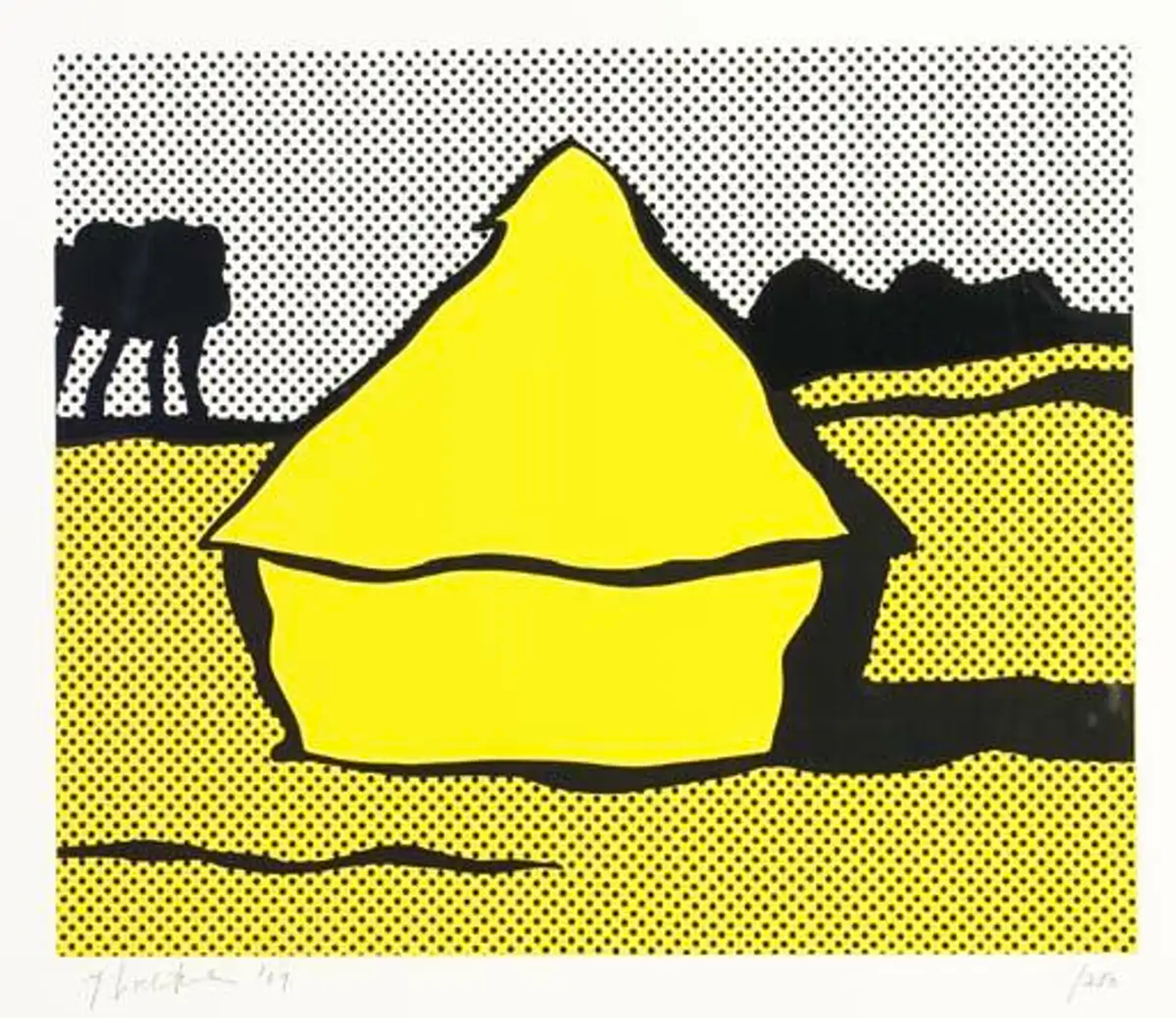 This image portrays a yellow stack of hay in the centre of the composition, and the main element in the middle is defined through thick black contouring. The backdrop of the print is densely populated by strategically positioned dots, thrusting the simplified comic book rendition of the haystack to the foreground of the work.