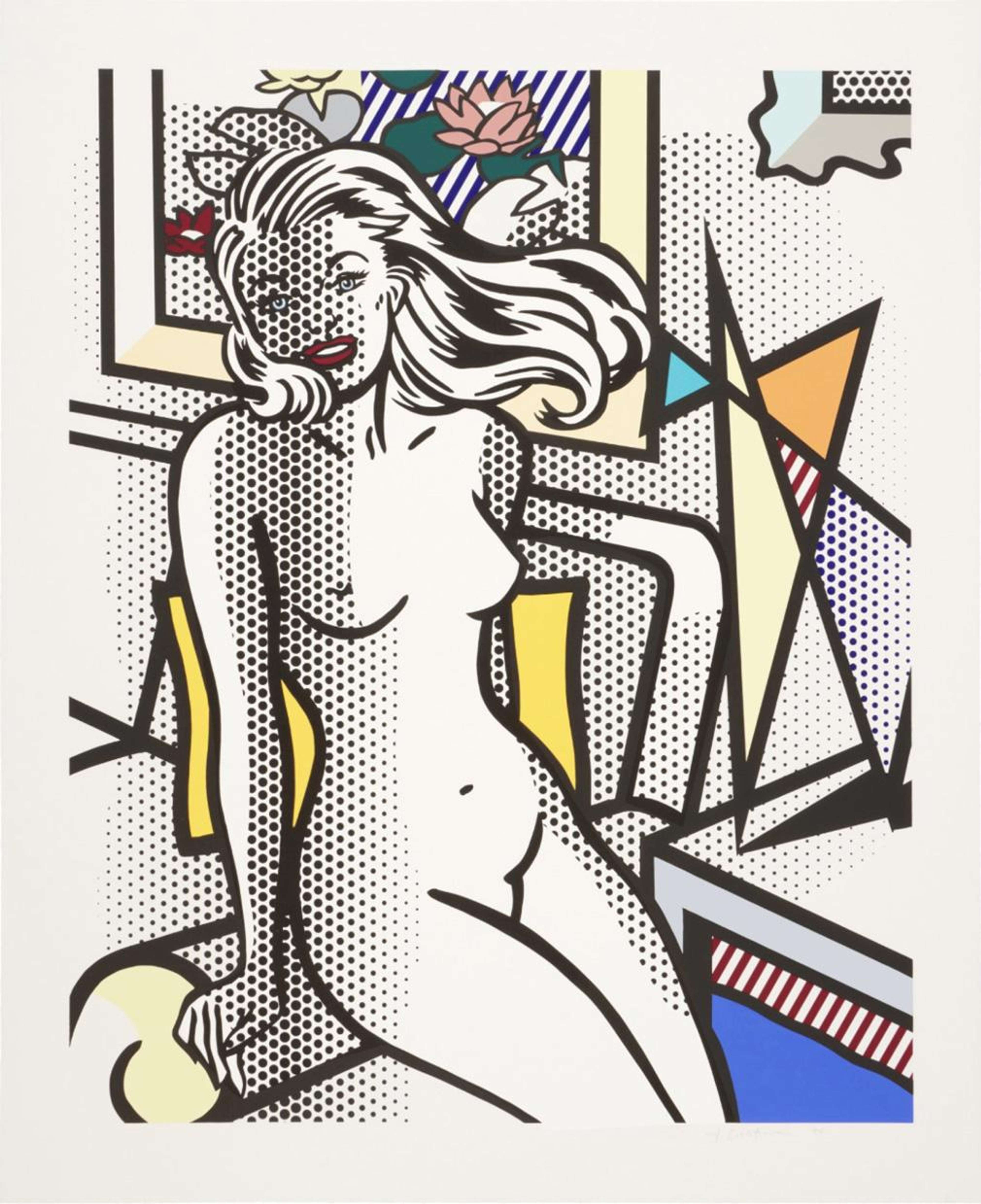 A relief print by Roy Lichtenstein, titled “Nude With Yellow Pillow (Signed Print) 1994”, depicting a stylised reclining female nude with bold black outlines, Ben-Day dot patterning and a vivid yellow pillow set against geometric interior shapes, executed in his iconic Pop Art graphic language. 