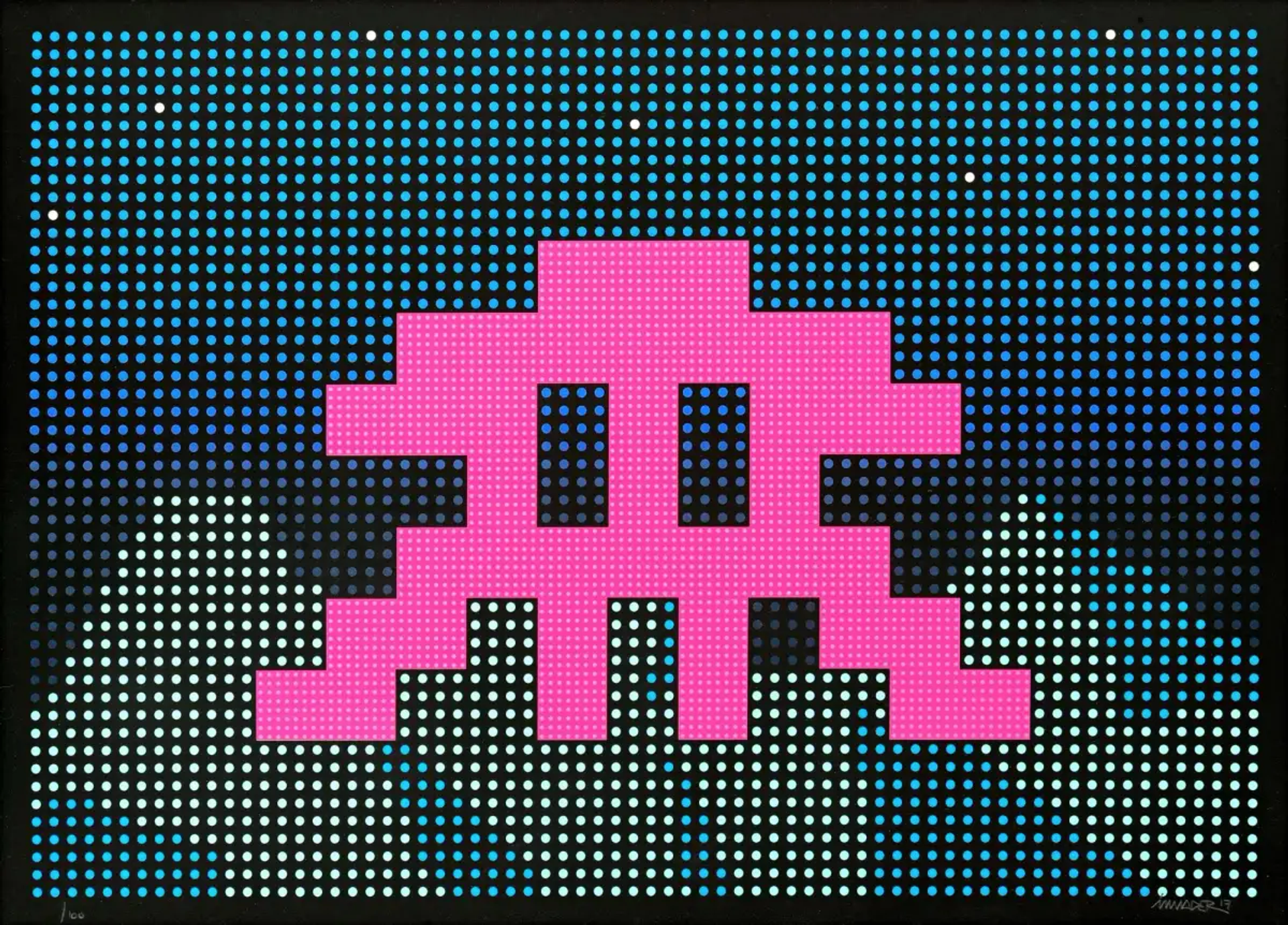 In this print, the character Space invader is depicted in a bright pink, set against a black drop upon which dots of various colours have been placed in a regular formation. Resembling an LED screen, as the title would suggest, the dots form a background image of mountains against a night sky. The image in its entirety mimics a retro video game screen, giving the sense that one is looking at a video game, rather than an artwork.