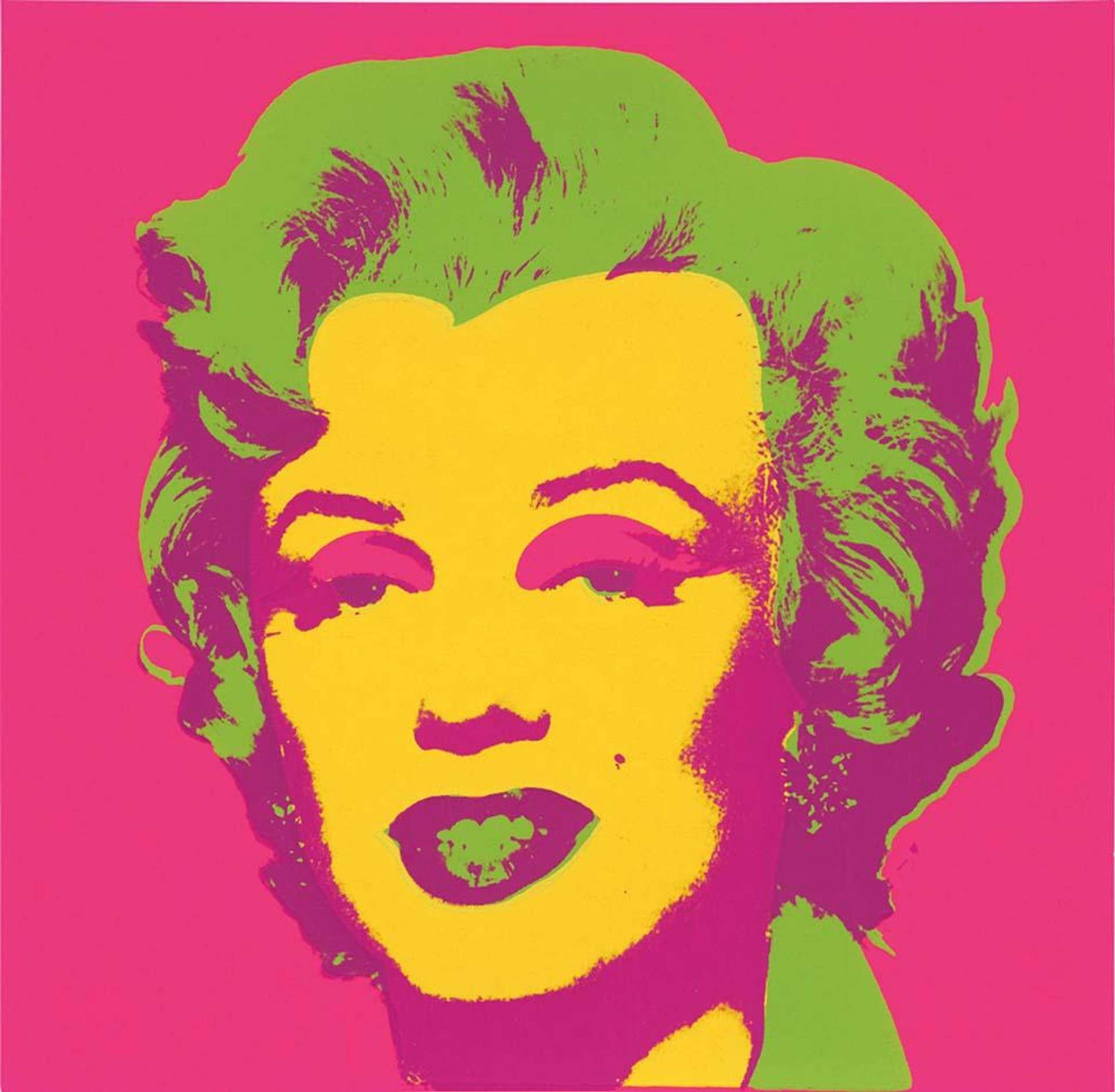 A vibrant pop art-style screen print of Marilyn Monroe with a bright yellow face and green hair on a vibrant fuchsia pink background.