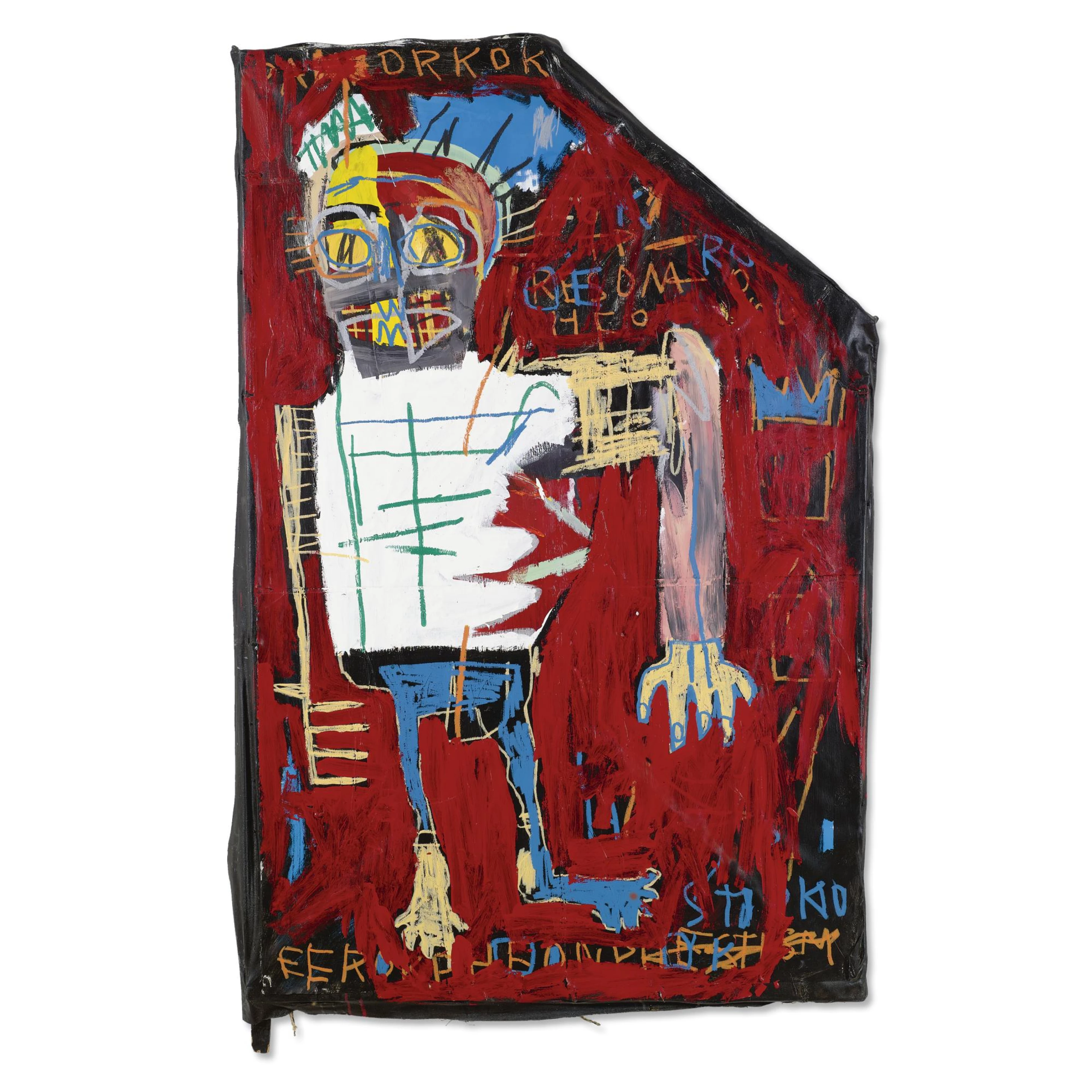 A large male figure, with an arm bent to the side, against. abright red background. He is wearing a white t-shirt and jeans. Basquiat's crown motif can be seen outlined in blue.