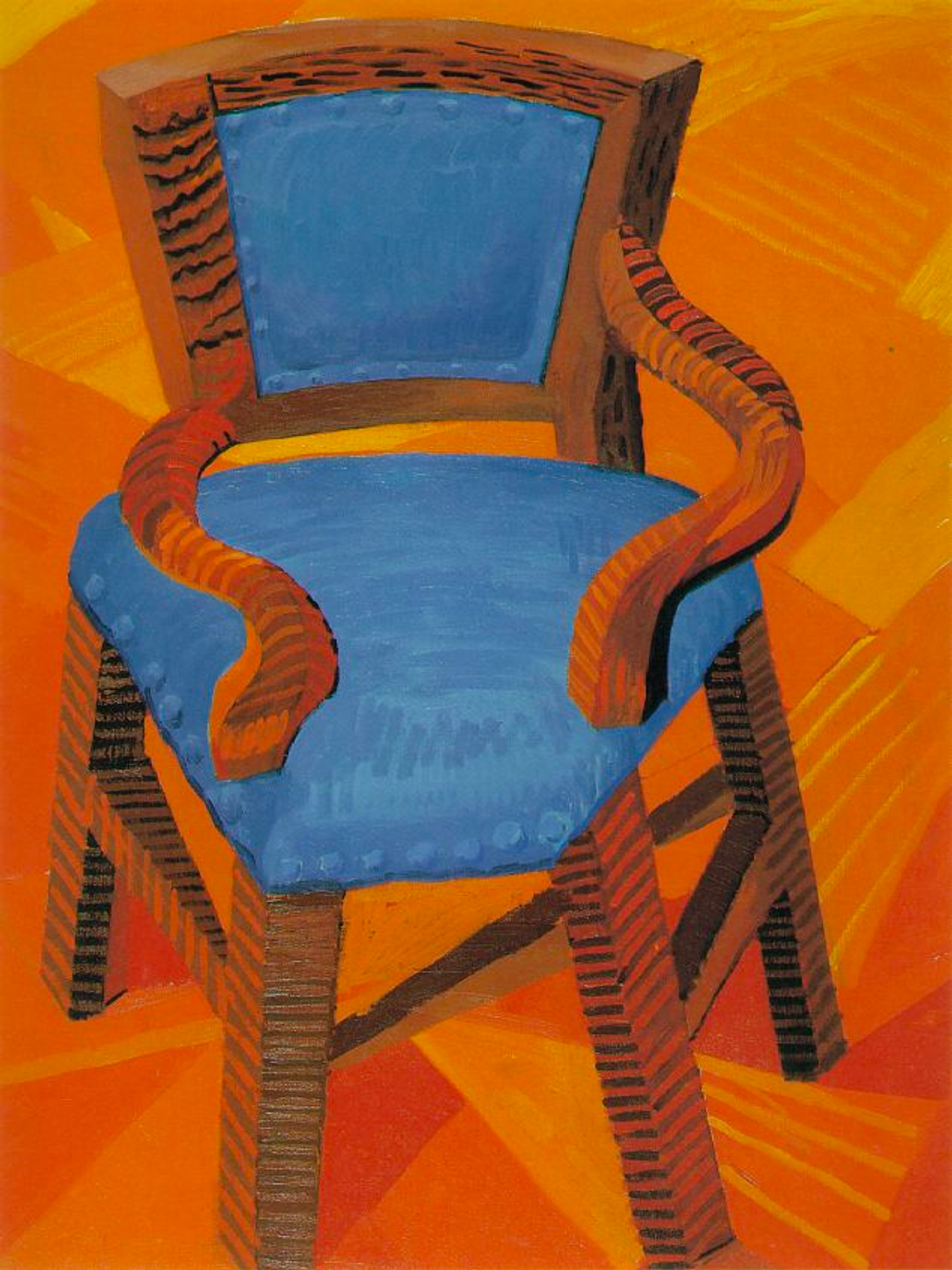 A chair with blue cushioning and wooden legs on a vibrant orange background.
