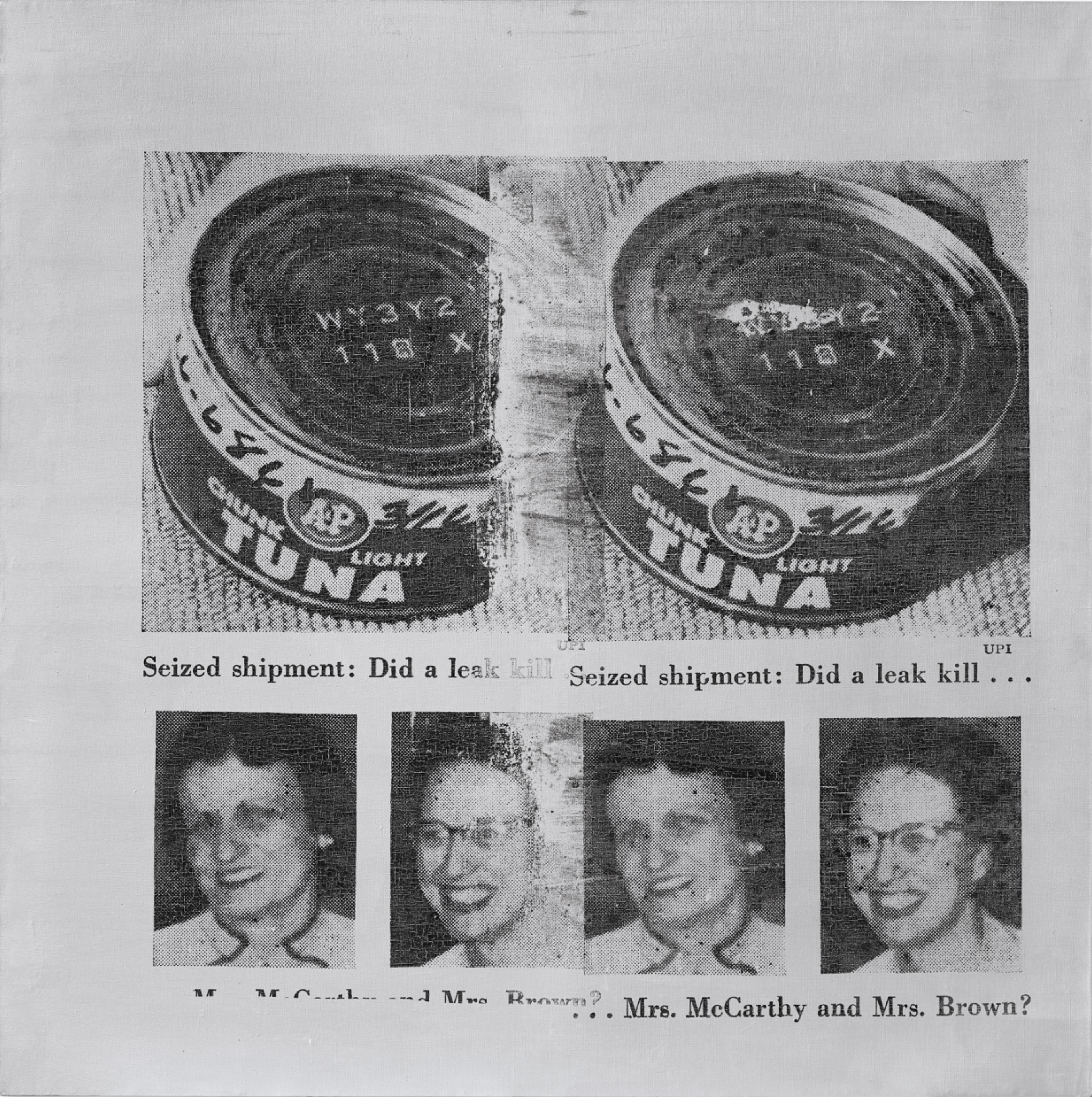 An image of the artwork Tunafish Disaster by Andy Warhol. A black and white reproduction of a newspaper headline, showing two tins of tuna atop two pairs. ofimages of the housewives killed.