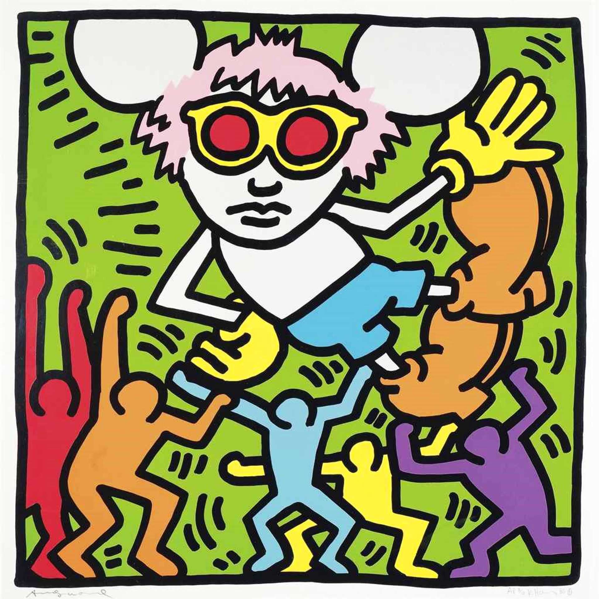 Keith Haring’s Andy Mouse 2. A Pop Art screenprint of Disney’s Mickey Mouse in the likeness of Andy Warhol held up by a crowd of moving figures. 