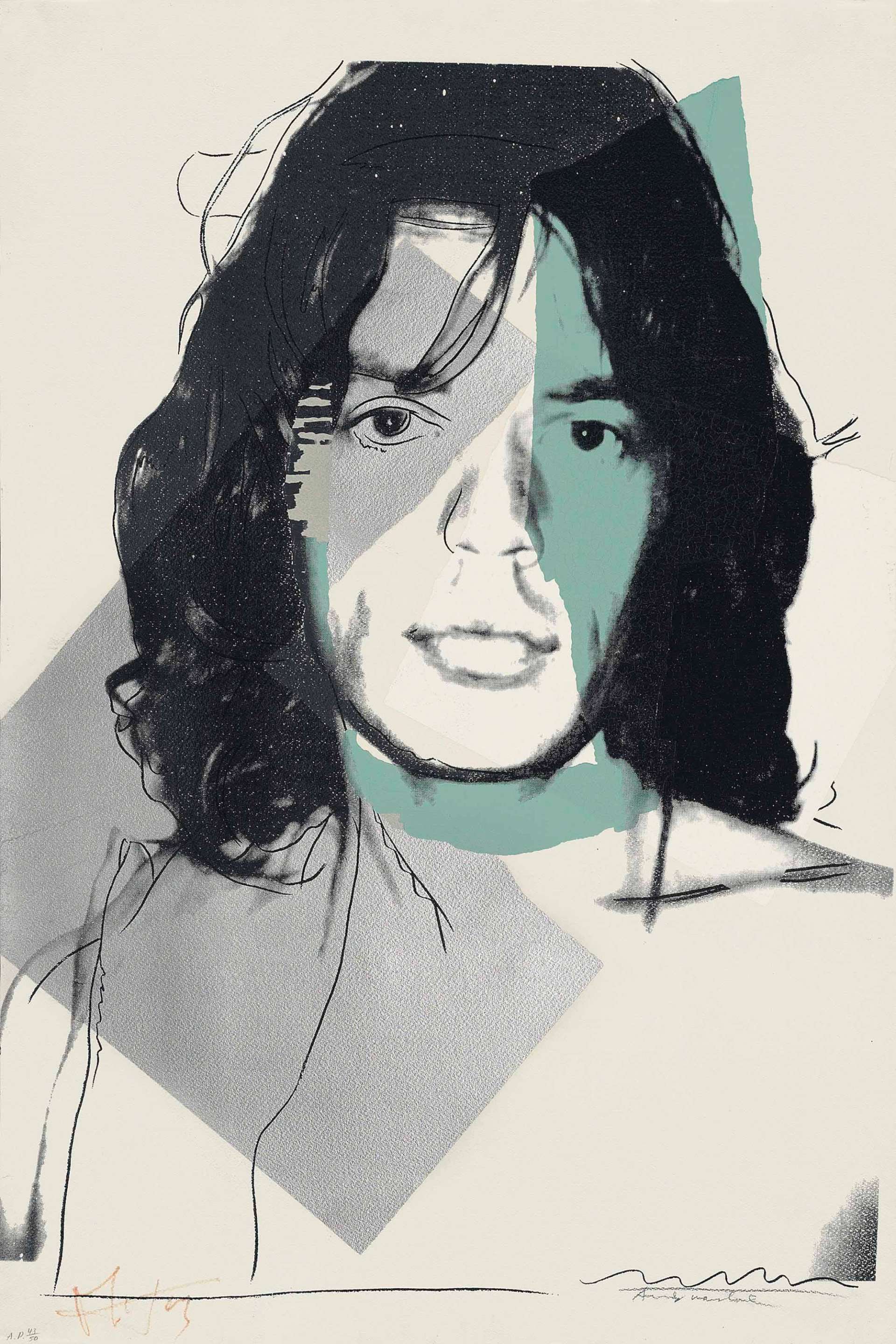 A screenprint by Andy Warhol depicting Mick Jagger in black ink against a background of collaged colour panels in grey and teal blue. The print is signed by both Warhol and Jagger at the bottom of the composition.