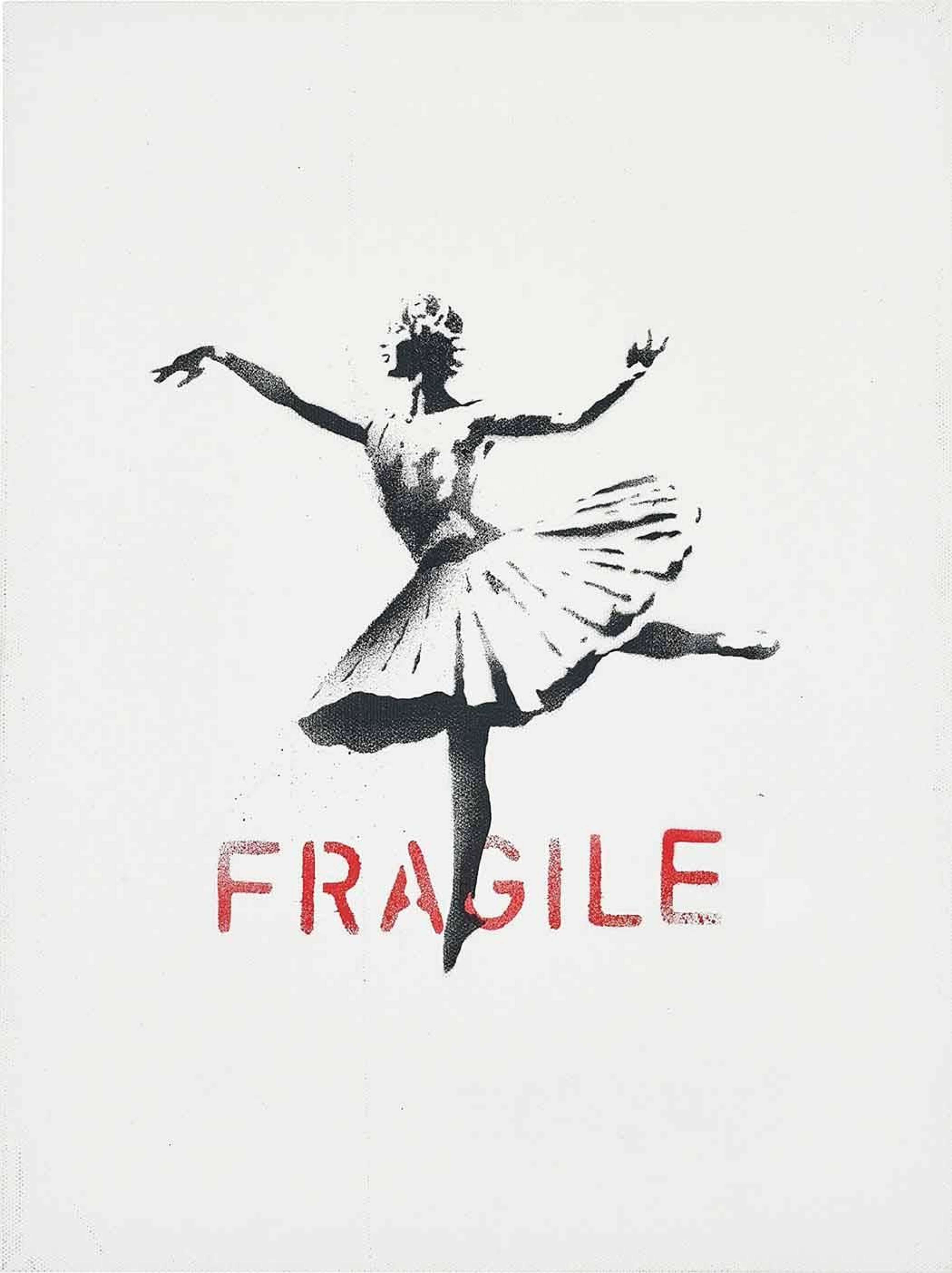 Banksy’s Ballerina CP. A spray paint work of a ballerina dancing with the text “FRAGILE”. 