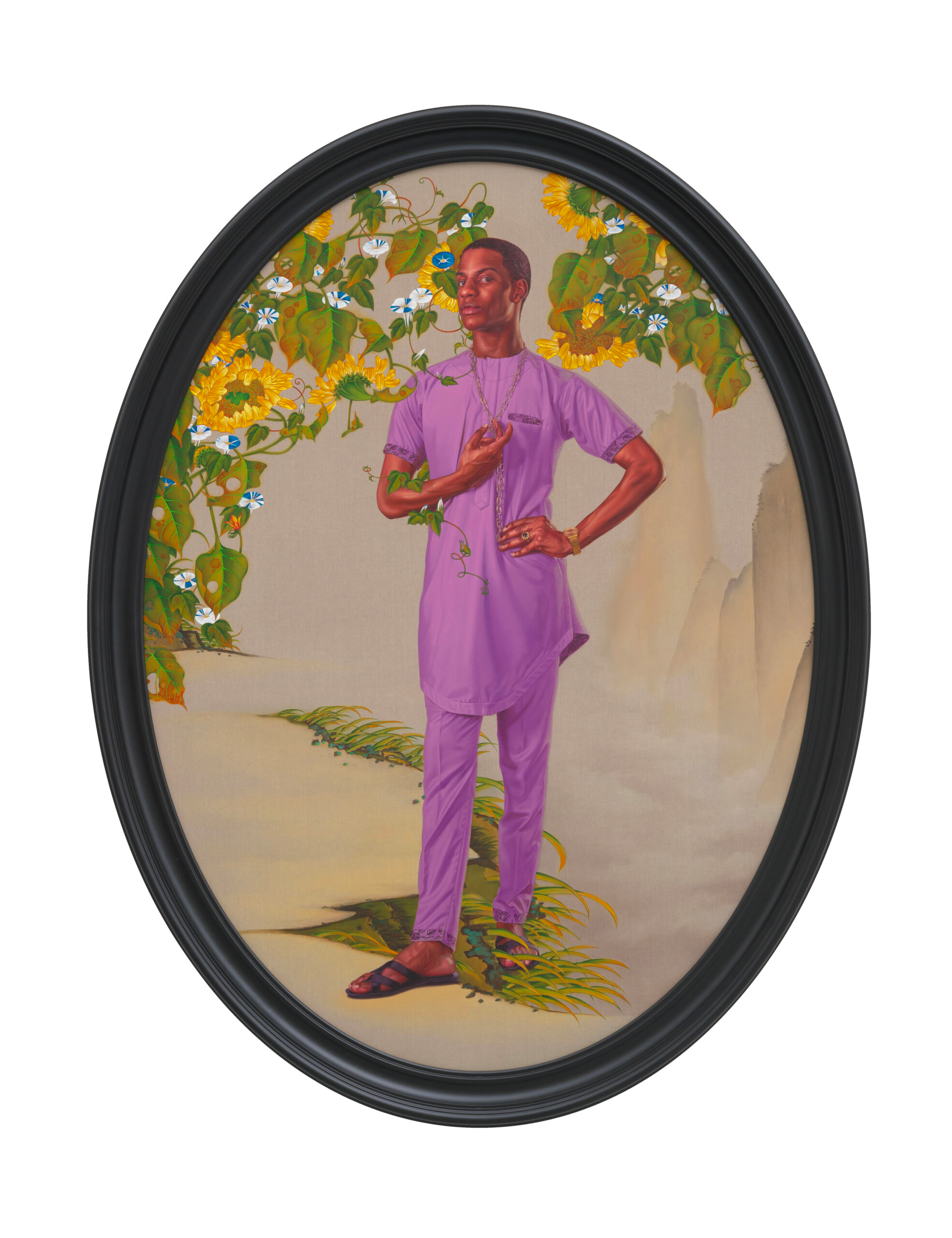 In a circular vignette-style portrait, a tall and slender black man is depicted wearing traditional lavender Muslim clothing. He stands confidently with one foot extended outward, and his hand rests gracefully on his hip, while his other arm bends across his chest. The portrait is set outdoors, underneath a green tree adorned with yellow flowers, although the tree itself is intentionally cropped out of the composition.