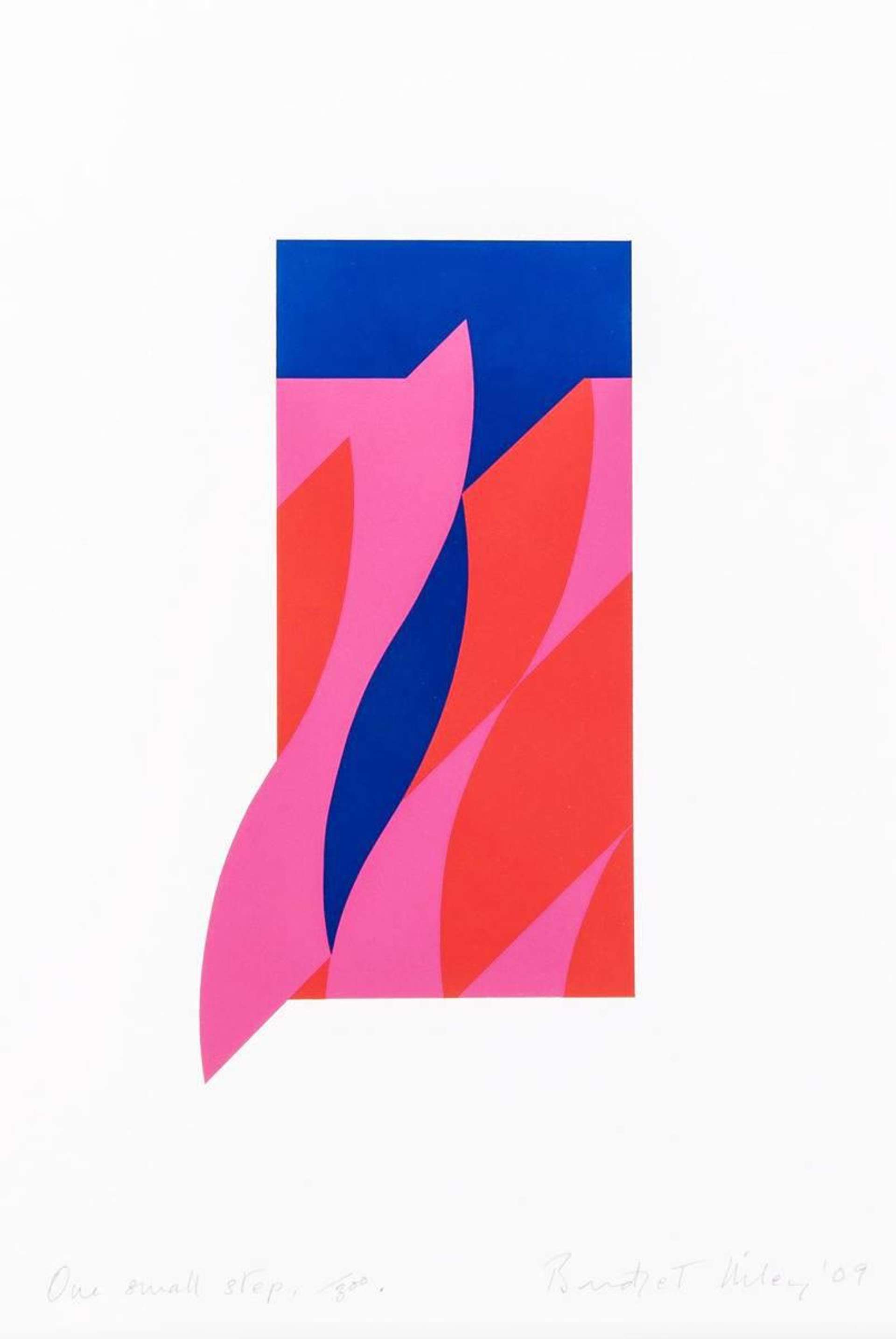Geometric design featuring slightly curved shapes in a vertical position in moderately saturated tones of red, pink, and blue