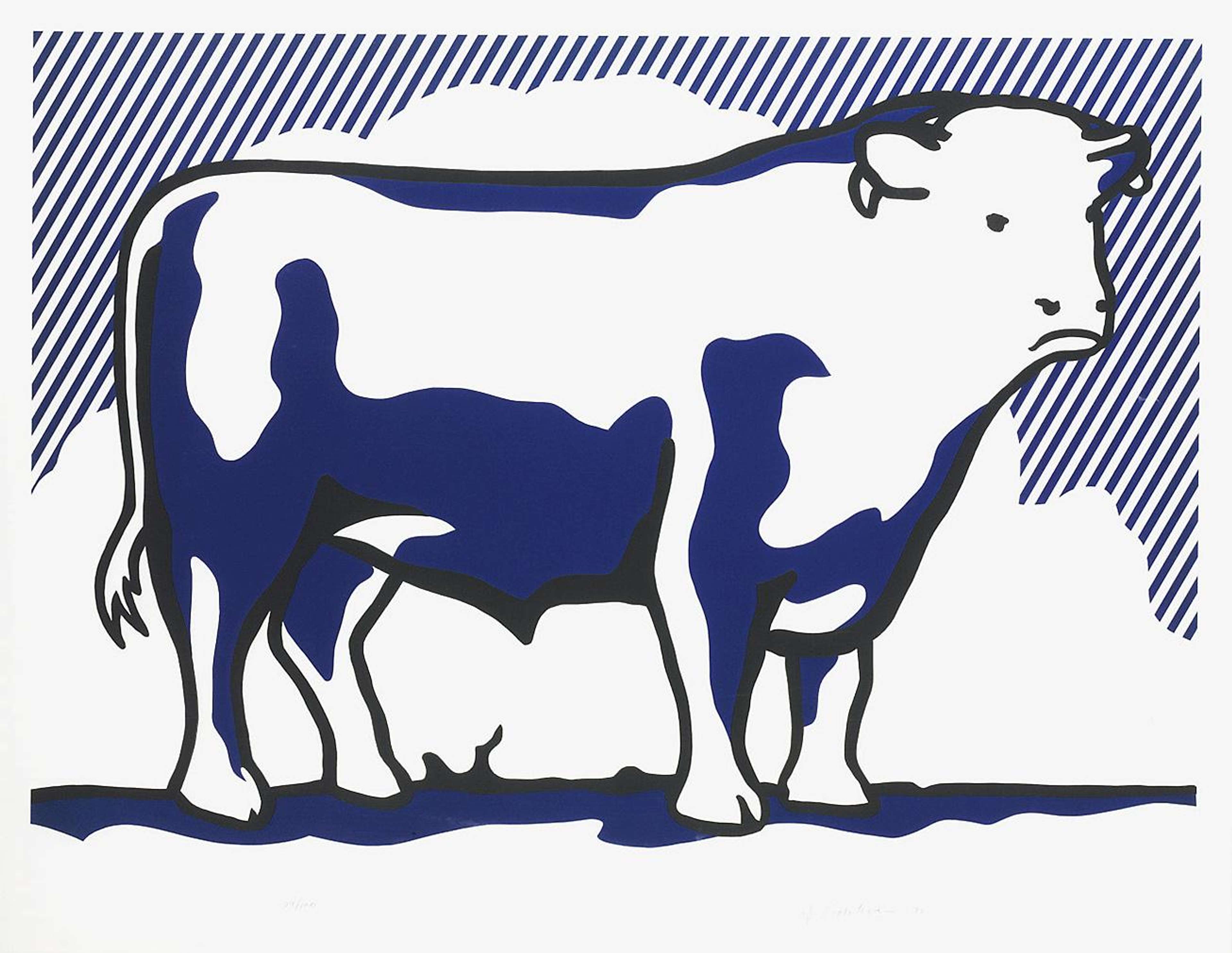 Bull II depicts its subject matter as centred and only slightly more abstracted than Bull I.Adjusting minor details, like the background and the colour scheme, the bull here appears in vivid blue, blending into an equally blue striped background. Both the primary colour and the patterns are signatures of Lichtenstein’s comic book style. The combination of blue and white makes the outline of the bull appear softer and the overall composition flatter.
