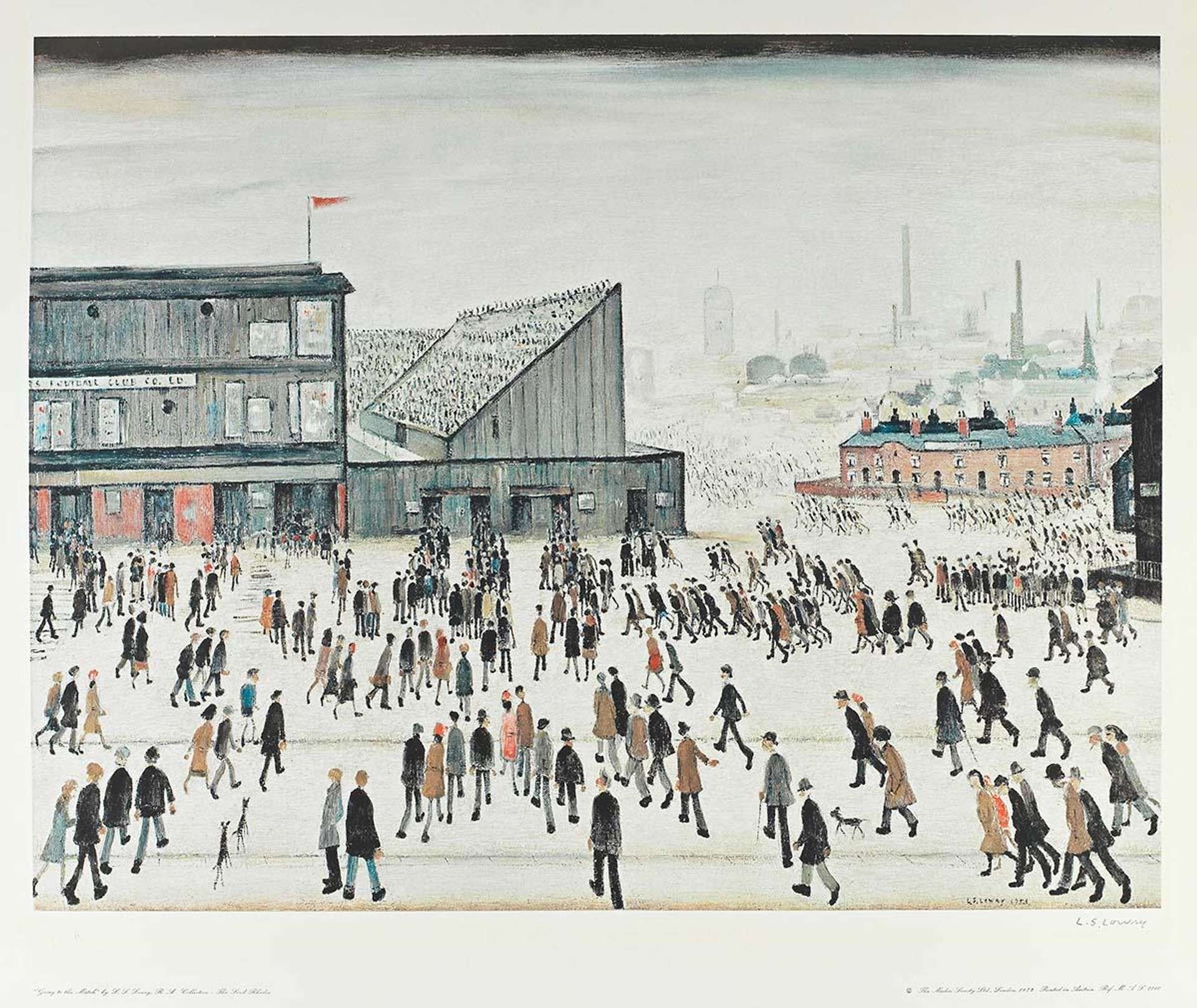 A scene depicting Lowry's iconic matchstick men, who promenade about in the foreground. In the background is the landscape of the football club located in Burnden Park.