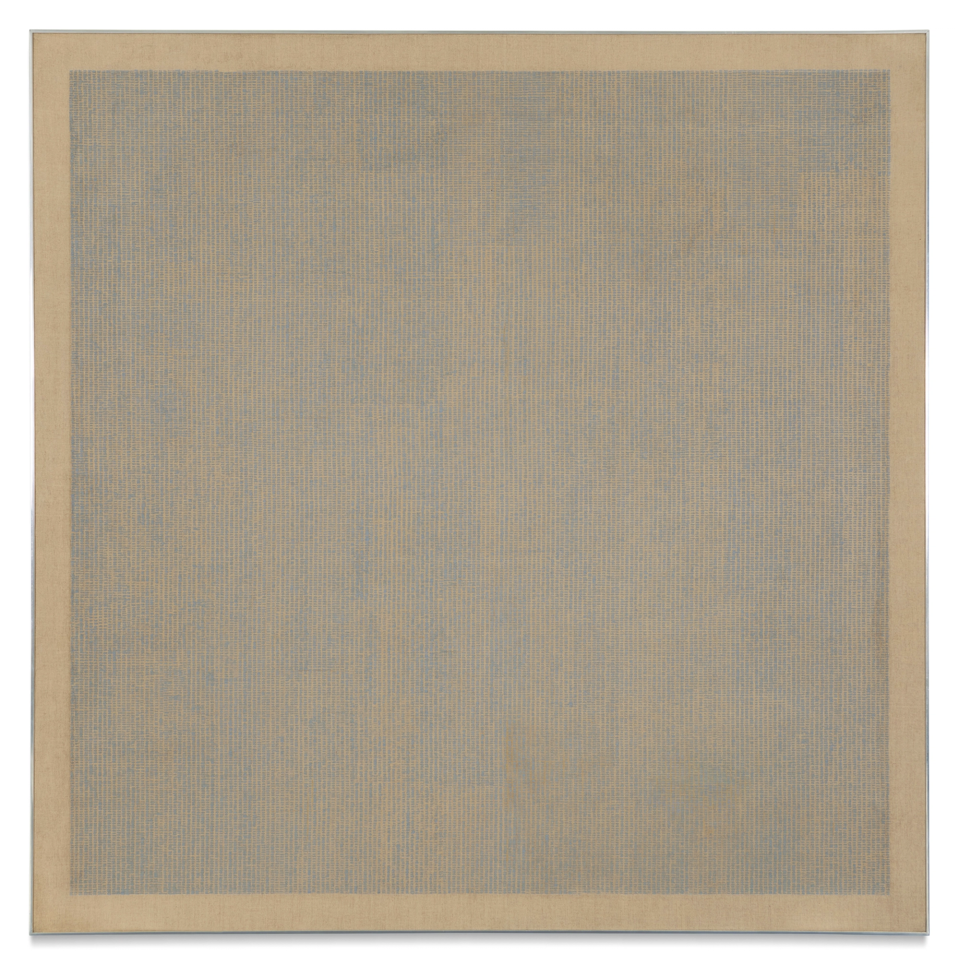 This work by Agnes Martin demonstrates her signature grid motif, done in grey against a cream background.