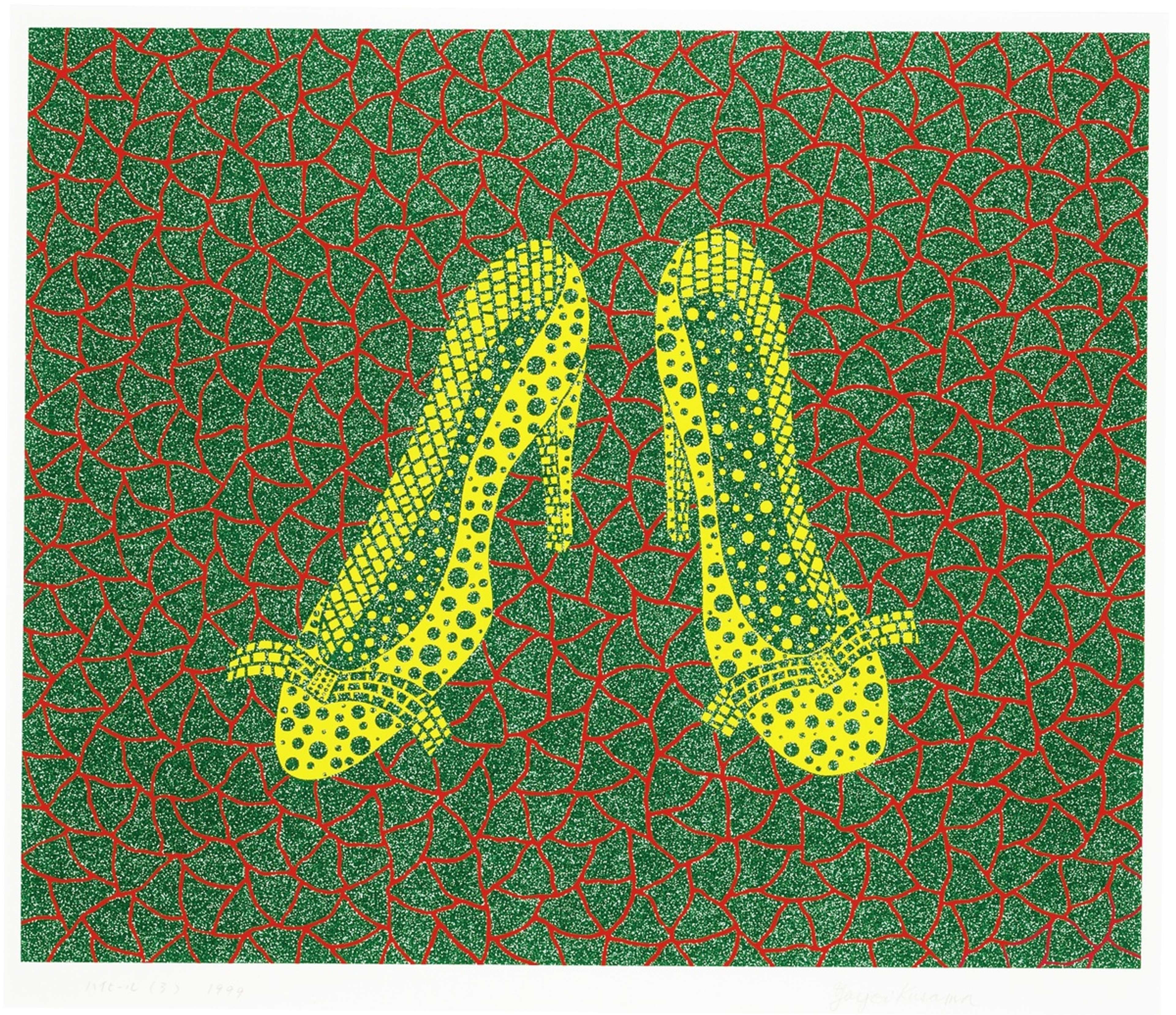 Two stylised high heels float on a field of repeating nets, turning everyday footwear into surreal iconography.