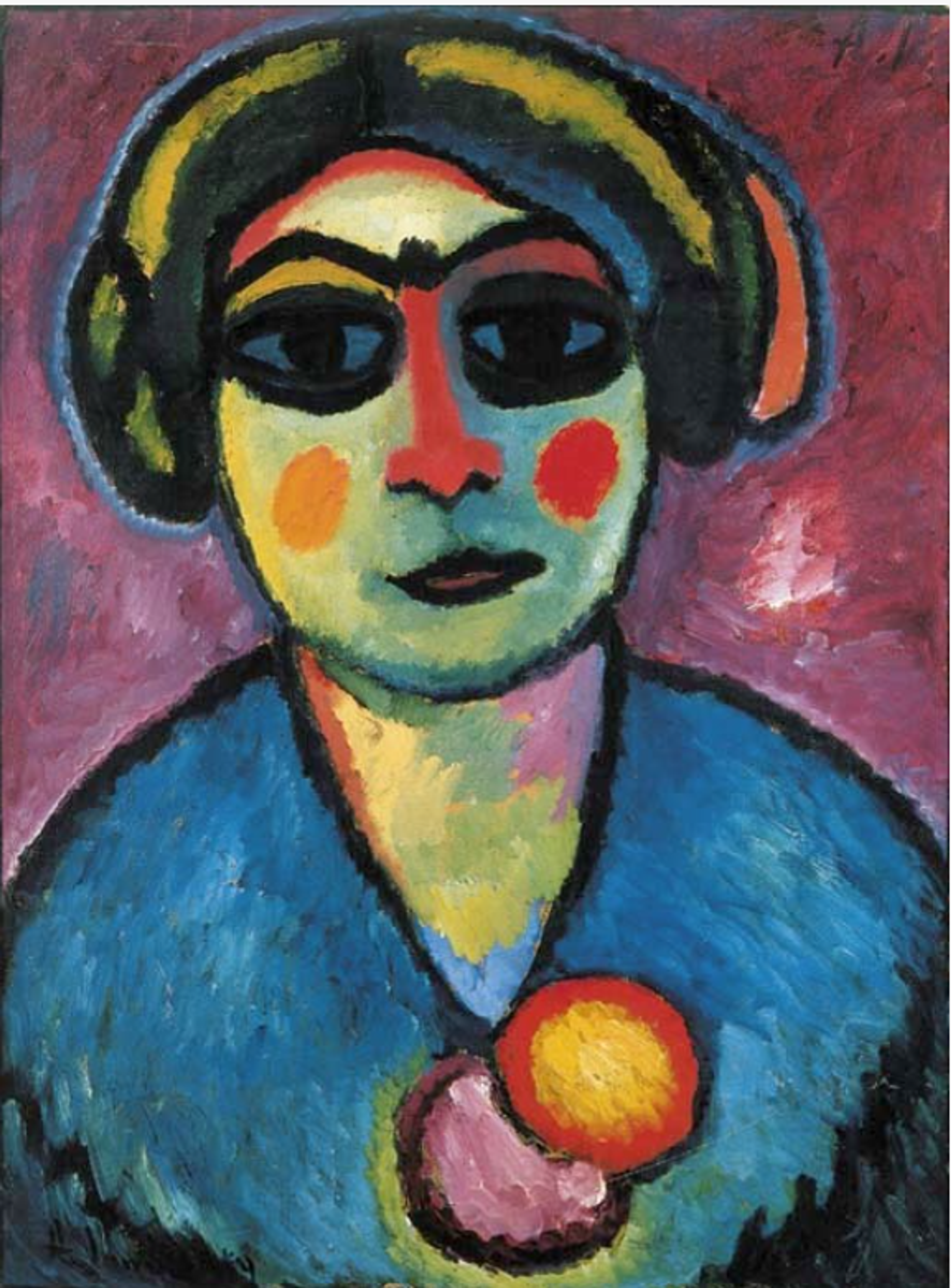 A close-up portrait of a woman with piercing, heavily outlined dark eyes. Her skin is an acidic green, contrasting with the bright orange and red circles on her cheeks, and the strong red shadows on her nose and under her hair. Her hair is tied in buns on either side of her head, but simplified into one curved shape. She wears a simple blue dress. The brushstrokes are expressive and textured.