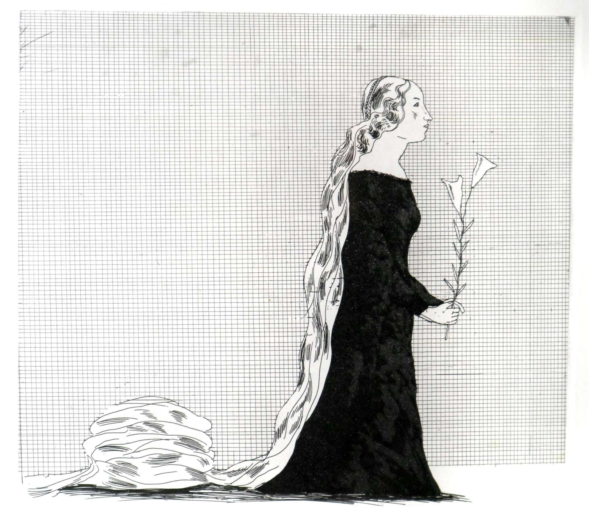 An image of the artwork The Older Rapunzel by David Hockney, showing a monochrome female figure with very long hair, holding a flower stem. She is wearing a black dress and her hair piles up behind her, as she stands against a background etched in fine lines.